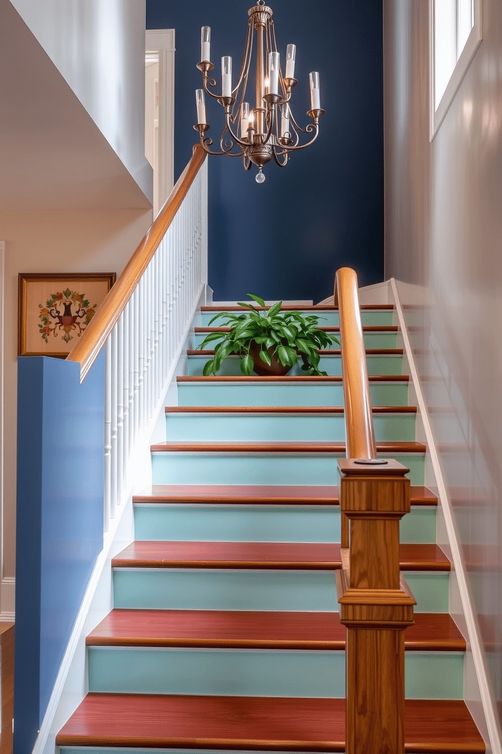 A stunning staircase design features painted risers and treads in a vibrant color palette that complements the surrounding decor. The handrail is crafted from polished wood, adding warmth and elegance to the overall aesthetic. The staircase is illuminated by a statement chandelier that hangs gracefully above, casting a soft glow on the steps. Lush greenery is placed strategically on the landing, bringing a touch of nature indoors and enhancing the inviting atmosphere.