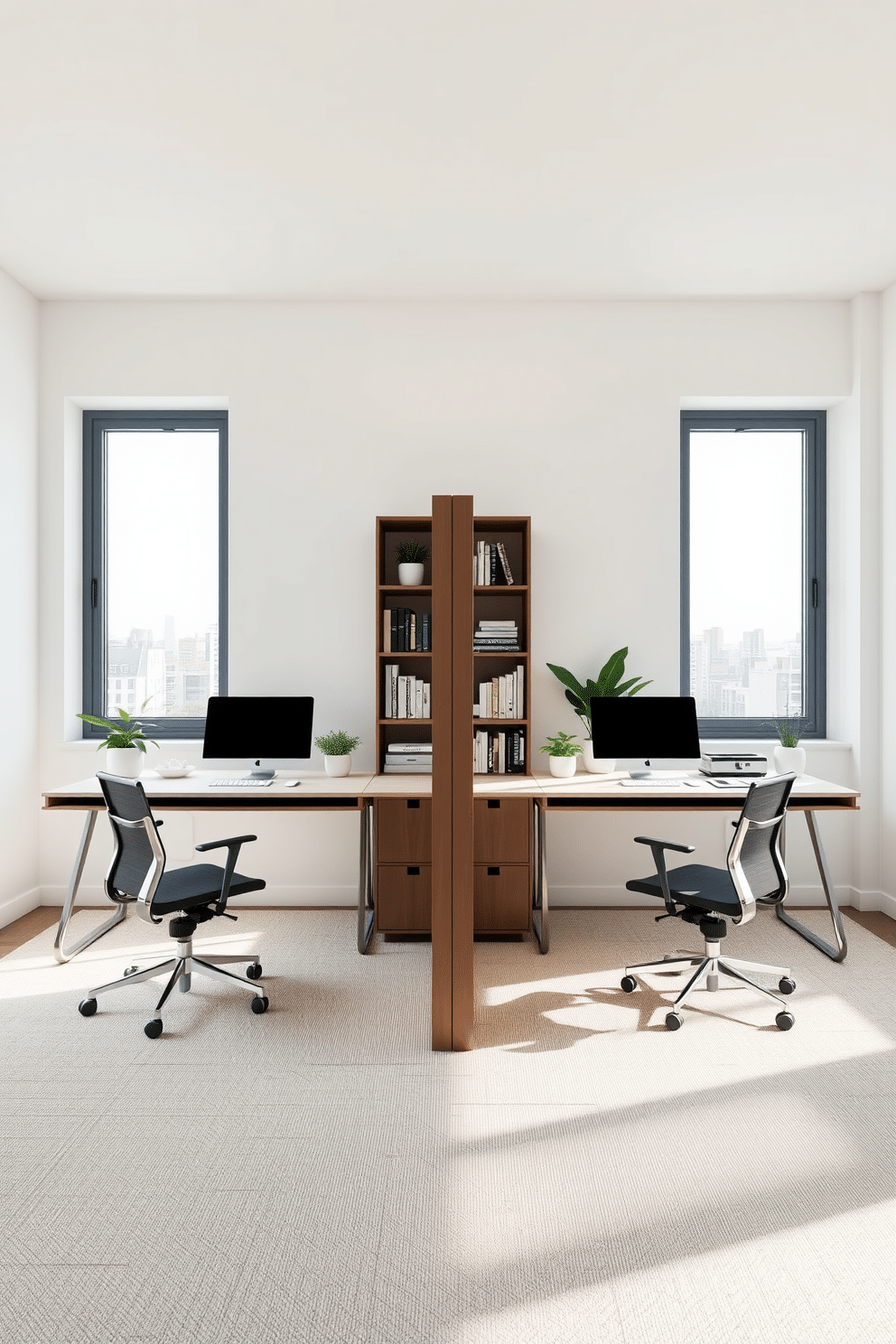 A modern minimalist dual workspace layout features two sleek desks positioned parallel to each other, each adorned with minimalist accessories and ergonomic chairs. The walls are painted in a soft white hue, complemented by large windows allowing ample natural light to flood the space. Shared home office design ideas incorporate a neutral color palette with pops of greenery from potted plants strategically placed on each desk. A stylish bookshelf divides the workspaces, providing both functionality and a touch of elegance to the overall aesthetic.