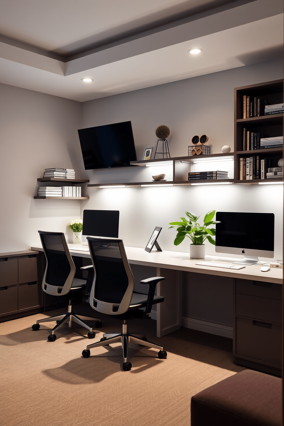 A modern shared home office featuring wall-mounted monitors to maximize space efficiency. The room is adorned with a sleek, minimalist desk and ergonomic chairs, complemented by soft, ambient lighting that creates a productive atmosphere. The walls are painted in a calming light gray, enhancing the sense of openness. Shelving units are neatly organized with books and decorative items, while a large potted plant adds a touch of greenery to the workspace.