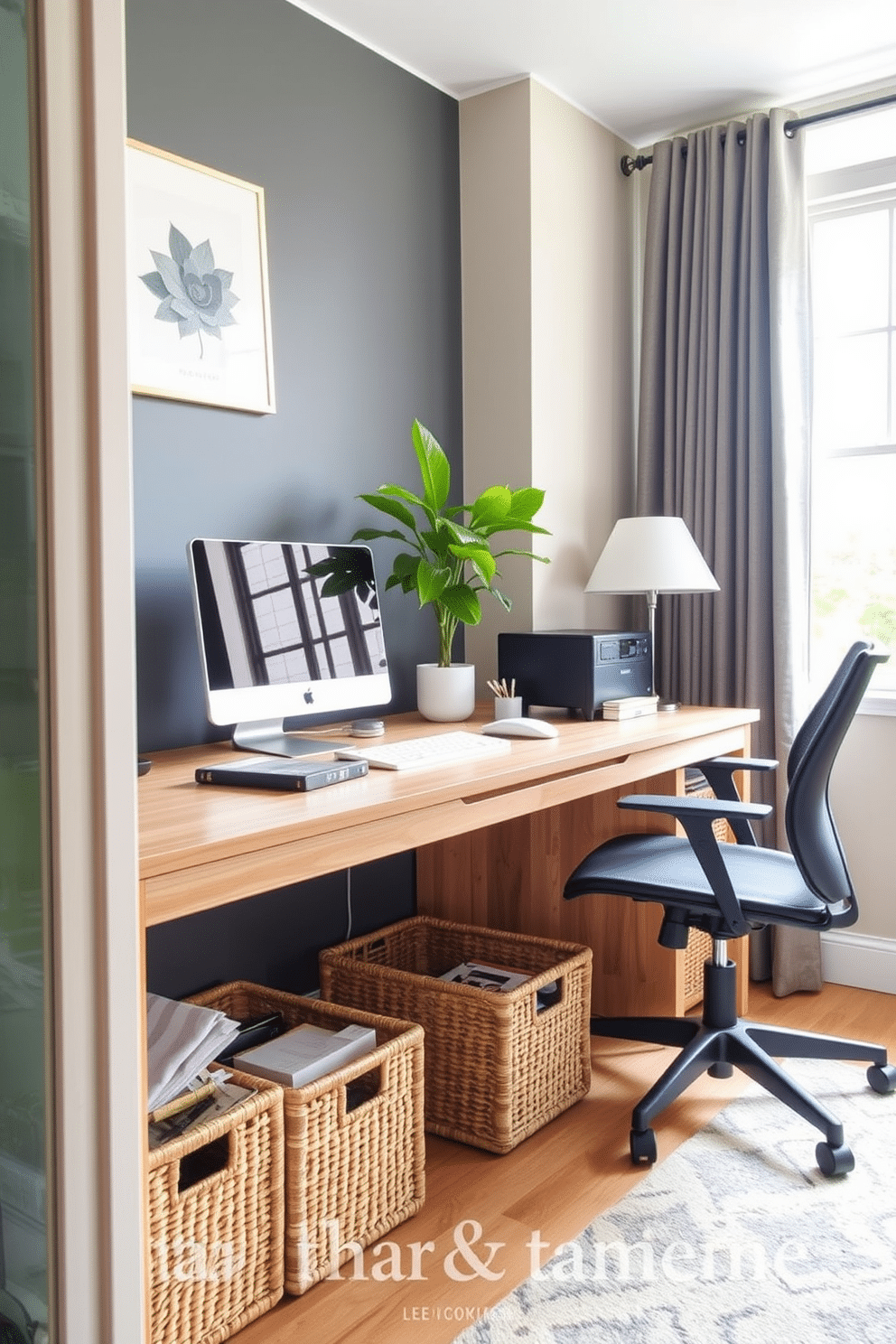 A stylish home office featuring creative under-desk storage solutions. The space includes woven baskets in natural tones that neatly tuck away office supplies, enhancing organization while adding texture to the room. The desk is a sleek, modern design with a light wood finish, complemented by a comfortable ergonomic chair. A large window allows natural light to flood the space, illuminating a vibrant indoor plant that adds a touch of greenery.