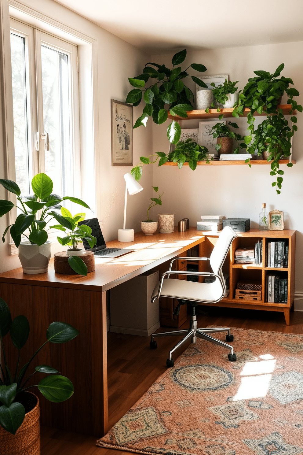 A bright and airy home office features a large wooden desk positioned near a window, allowing natural light to flood the space. Lush green plants are strategically placed on the desk and shelves, bringing a refreshing vibe and enhancing productivity. The walls are painted in a soft, neutral tone, complemented by a cozy area rug that adds warmth. A comfortable chair with modern design sits beside the desk, while a small bookshelf filled with books and decorative items completes the inviting atmosphere.