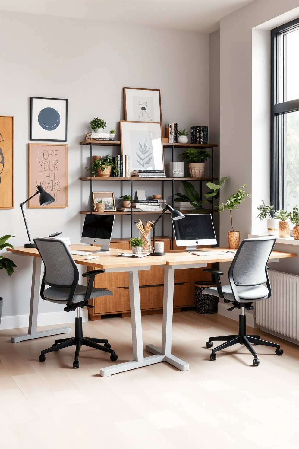 A sleek home office features two adjustable standing desks positioned side by side, allowing for flexible work arrangements. The desks are made of light wood with minimalist designs, complemented by ergonomic chairs in a soft gray fabric. The walls are adorned with inspiring artwork and shelves filled with books and plants, creating a vibrant yet calming atmosphere. A large window lets in natural light, enhancing the space's functionality and aesthetic appeal.