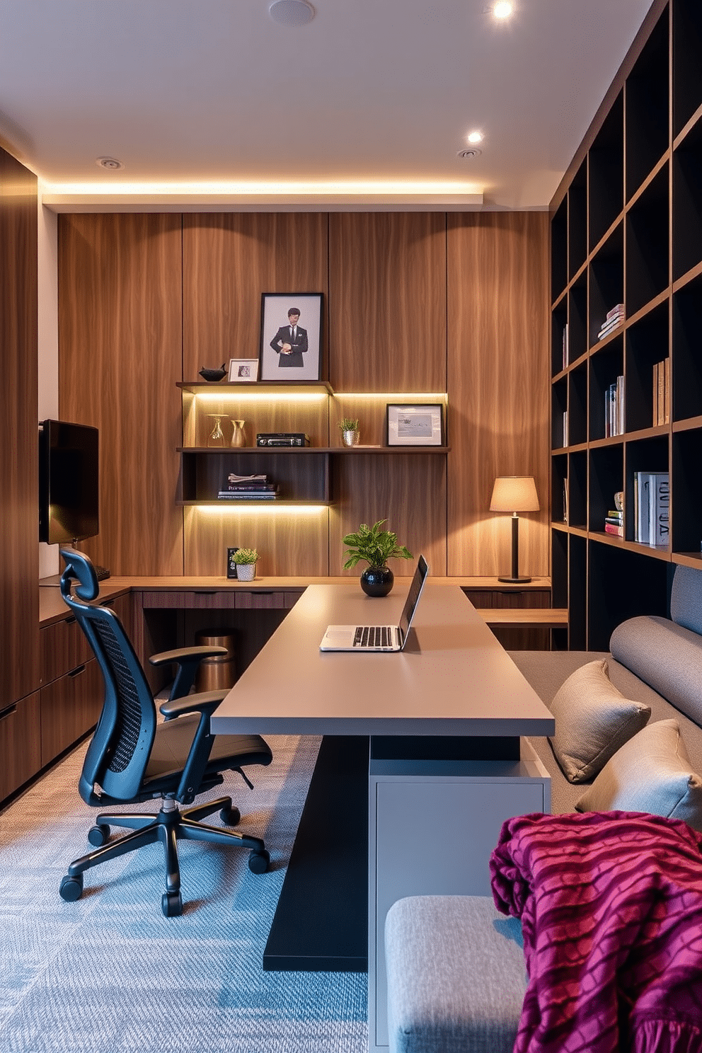 A sleek, modern desk with integrated storage solutions serves as the centerpiece of the shared home office. Surrounding the desk are ergonomic chairs that can easily transition between work and relaxation, ensuring comfort during long hours. Incorporating a foldable wall bed allows the space to double as a guest room when needed. Stylish shelving units line the walls, offering ample storage while showcasing decorative items that add personality to the room.