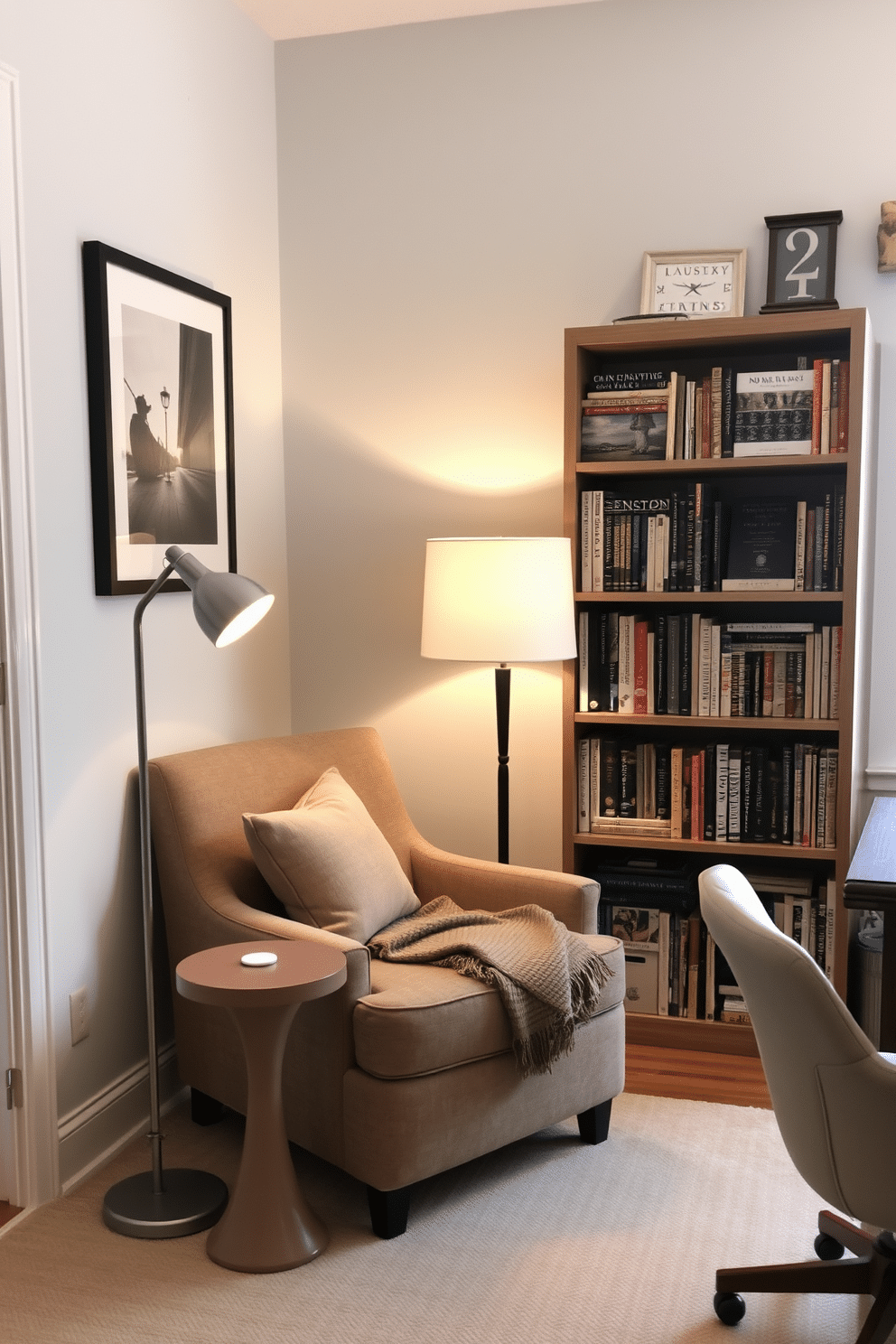 A cozy reading nook nestled in the corner of a home office features a plush armchair upholstered in soft, textured fabric, accompanied by a small, round side table. A warm throw blanket drapes over the armchair, and a stylish floor lamp casts a gentle glow, creating an inviting atmosphere for reading. The walls are painted in a calming light gray, adorned with framed art that inspires creativity. A tall bookshelf filled with an array of books and decorative items stands nearby, adding personality and charm to the shared workspace.