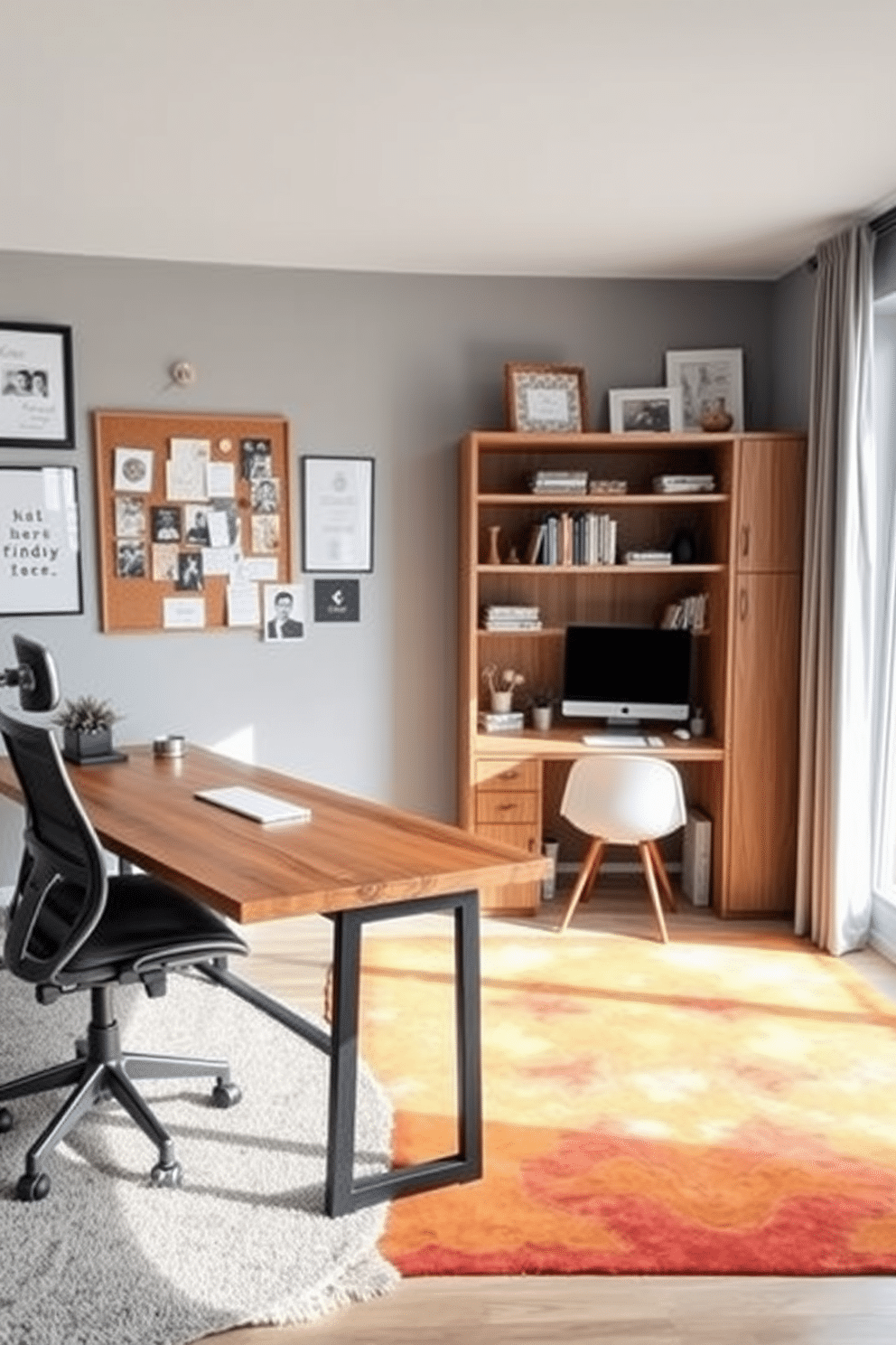 A personalized home office that showcases individual style, featuring a sleek desk made of reclaimed wood paired with a modern ergonomic chair. The walls are adorned with framed personal artwork and a pinboard filled with inspirational quotes and photos, while a stylish bookshelf displays curated decor items and favorite books. An inviting shared home office designed for collaboration, with two distinct workstations separated by a vibrant area rug. Each desk is uniquely styled, one with minimalist decor and the other with eclectic accents, complemented by a large window allowing natural light to flood the space.