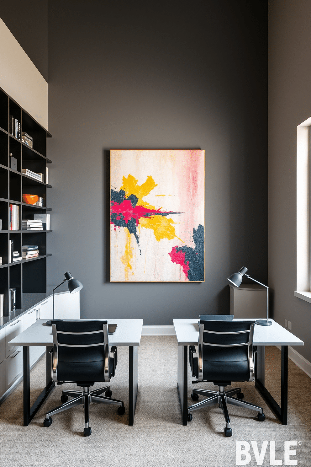 Accent wall with inspiring artwork. A bold, textured accent wall features a large abstract painting in vibrant colors, adding a focal point to the room. Complementing the artwork, sleek shelving units are adorned with curated books and decorative objects that enhance the overall aesthetic. Shared Home Office Design Ideas. A spacious shared office includes two modern desks facing each other, with ergonomic chairs and stylish desk lamps. The walls are painted in a calming neutral tone, while a large window allows natural light to flood the space, creating an inviting and productive atmosphere.