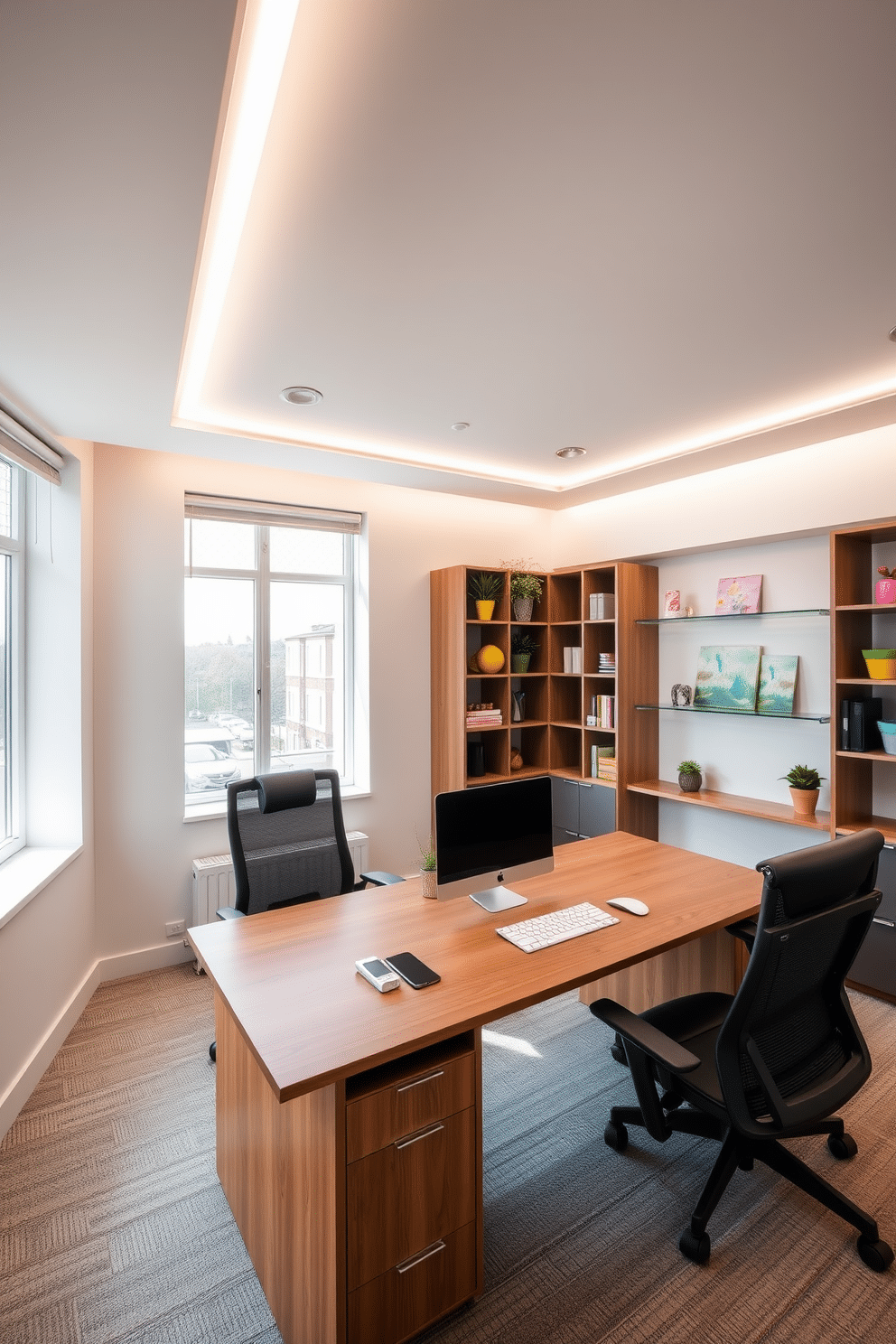 A bright and inviting workspace featuring integrated lighting that enhances productivity. The room includes a large wooden desk positioned near a window, with sleek LED strip lights installed along the ceiling edges for a modern touch. The decor showcases a blend of functionality and style, with ergonomic chairs and ample shelving for organization. Soft neutral tones on the walls create a calming atmosphere, while vibrant accents in the decor add a splash of creativity.