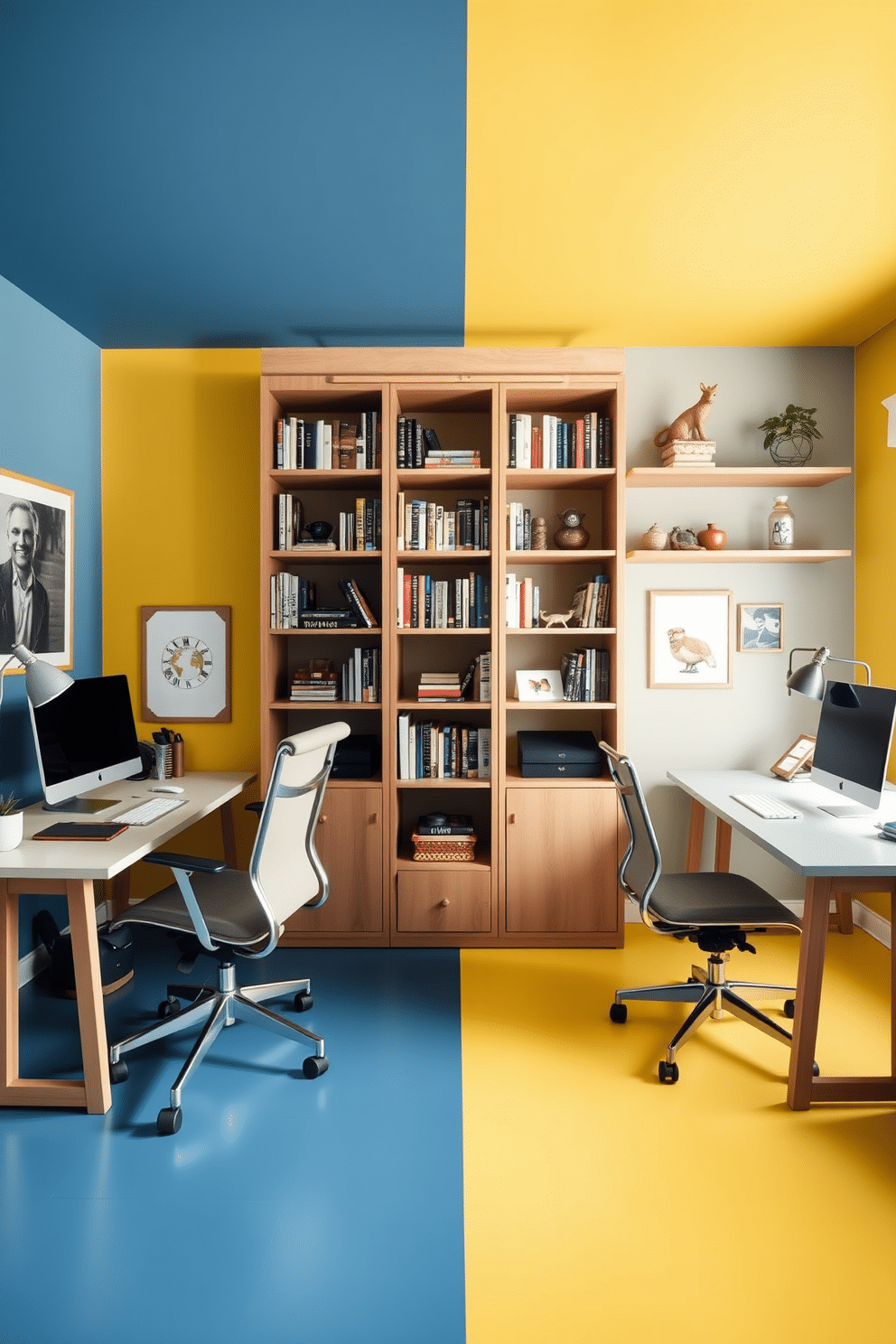 A shared home office featuring distinct color-coded zones for task separation. One side is painted in a calming blue for focused work, while the other side is a vibrant yellow to inspire creativity. The workspace includes two stylish desks facing each other, each adorned with ergonomic chairs and personalized decor. A large bookshelf separates the zones, filled with books and decorative items that reflect the personalities of both users.