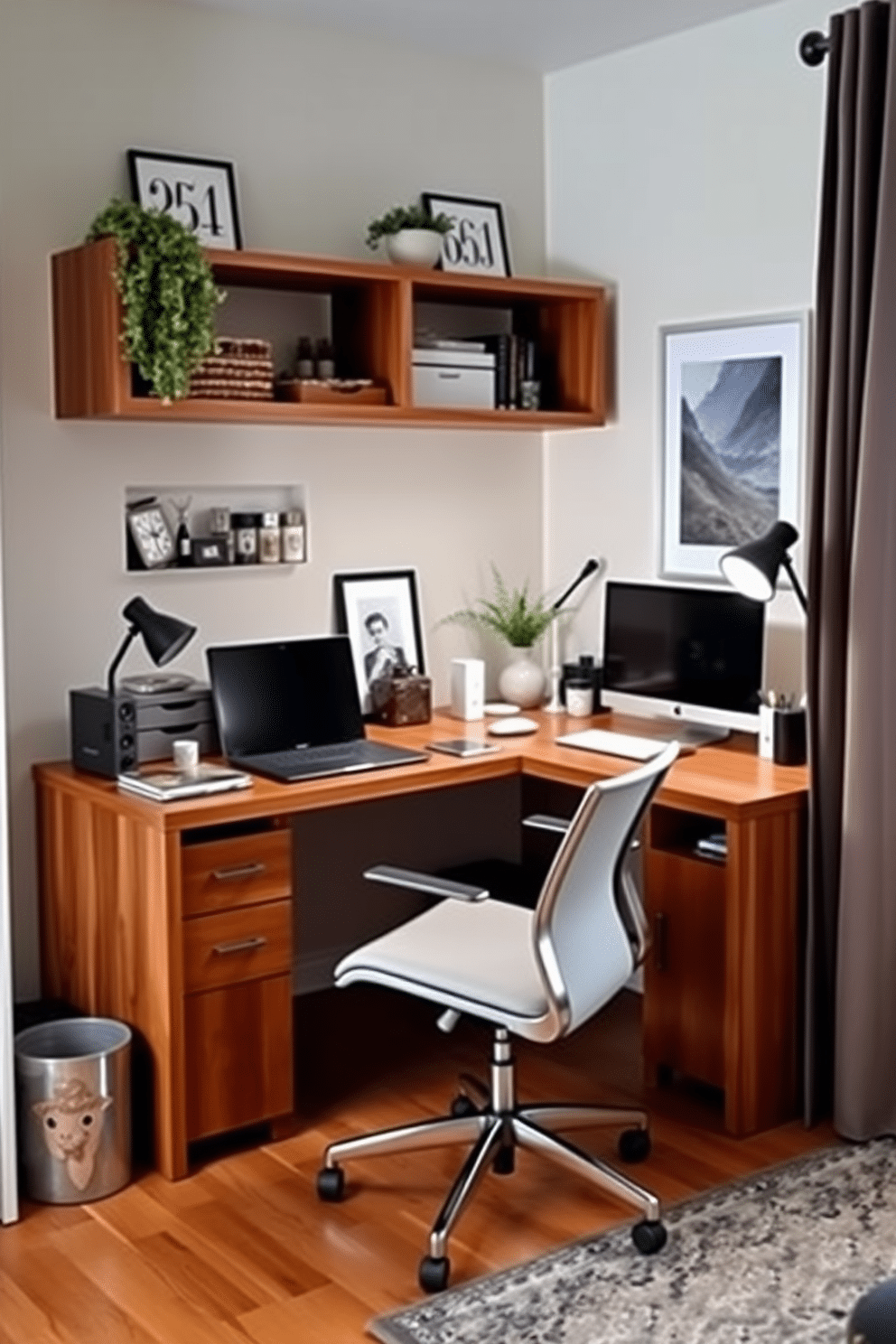 An L-shaped desk is positioned in a cozy corner, maximizing workspace while maintaining an inviting atmosphere. The desk features a sleek wood finish, paired with a comfortable ergonomic chair, and is adorned with stylish office accessories. In this shared home office, a harmonious blend of personal styles is showcased. One side features a modern aesthetic with minimalistic decor, while the other embraces a warm, rustic charm, creating a balanced and functional environment.