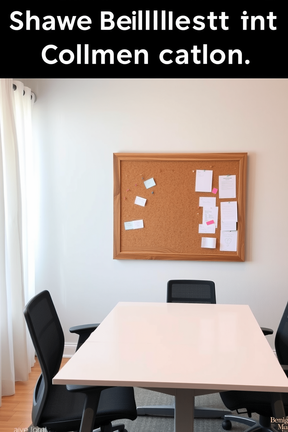 A shared bulletin board for communication. The board is made of natural cork, framed with reclaimed wood, and is mounted on a light gray wall, surrounded by colorful push pins and notes. Shared home office design ideas. The workspace features a large, modern desk with a sleek finish, complemented by ergonomic chairs and ample natural light from a nearby window with sheer white curtains.