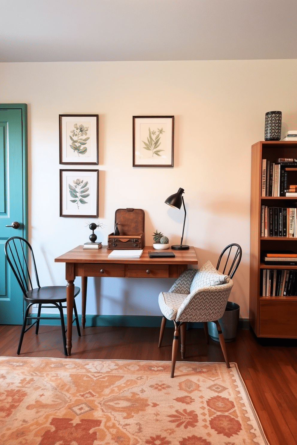 A cozy shared home office featuring vintage finds that add character. A reclaimed wood desk sits against a soft pastel wall, adorned with framed botanical prints. On one side, a pair of mismatched vintage chairs provide seating, while a retro bookshelf displays an eclectic collection of books and decorative items. A warm area rug with a faded pattern anchors the space, creating an inviting atmosphere for productivity.