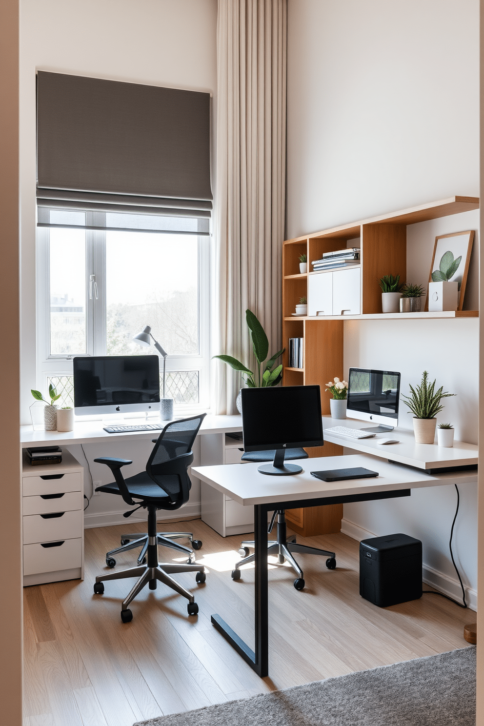 A sleek home office designed for productivity, featuring a modern desk with integrated cable management systems to keep wires organized and out of sight. The space is illuminated by natural light streaming through large windows, complemented by a minimalist ergonomic chair and stylish shelving units. A cozy shared home office that balances functionality and aesthetics, showcasing two desks positioned side by side, each equipped with smart tech solutions for seamless connectivity. Soft neutral tones adorn the walls, while decorative plants and personal touches add warmth and character to the workspace.