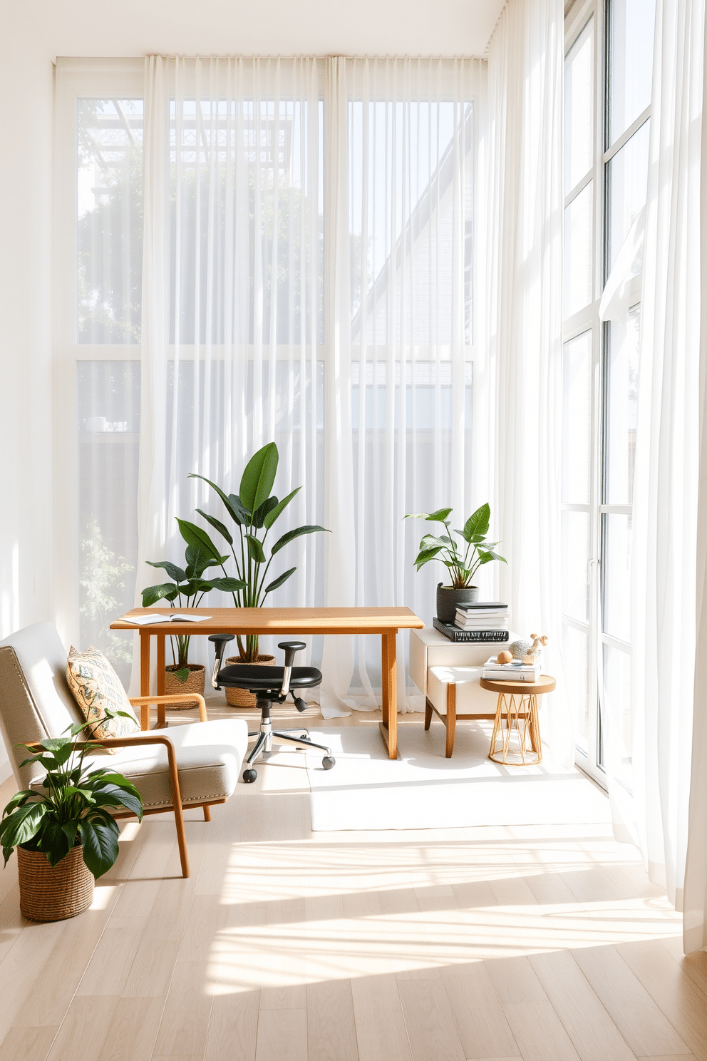 A bright and airy home office designed to maximize natural light. Large windows are adorned with sheer white curtains that gently diffuse sunlight, creating a warm and inviting atmosphere. The workspace features a sleek wooden desk positioned to face the windows, paired with an ergonomic chair. A cozy reading nook is created in the corner with a comfortable armchair and a small side table, surrounded by indoor plants that enhance the room's tranquility.