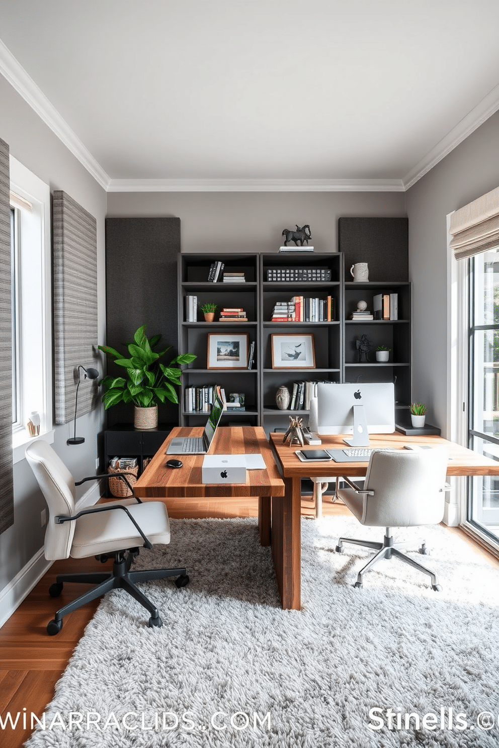 A serene home office designed for productivity features soundproofing solutions such as acoustic panels on the walls and a plush area rug to absorb noise. The desk, positioned by a large window, is made of reclaimed wood, paired with an ergonomic chair that complements the calming color palette of soft grays and whites. Incorporating shared home office design ideas, the space includes dual workstations, each adorned with personalized decor to inspire creativity. A stylish bookshelf divides the area, filled with books and decorative items, creating a functional yet aesthetically pleasing environment.