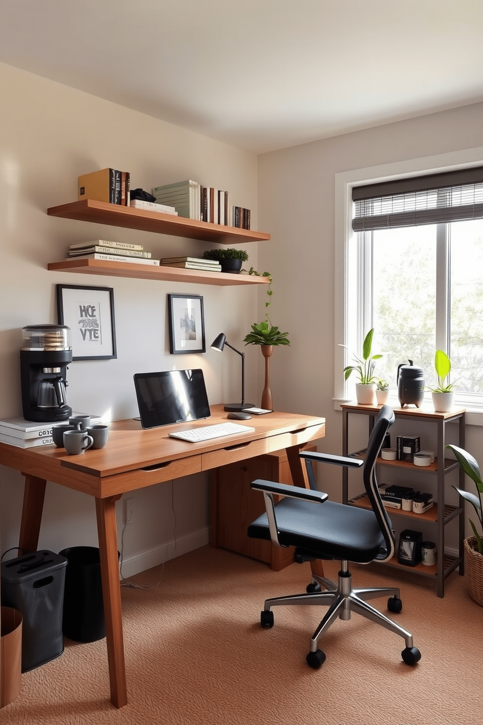 A cozy corner of a shared home office features a sleek wooden desk paired with a comfortable ergonomic chair. Above the desk, floating shelves display books and decorative items, while a small coffee station in the corner includes a stylish espresso machine, mugs, and a selection of coffee beans. The coffee station is designed with a compact countertop and a few potted plants for a touch of greenery. Natural light floods the space through a large window, creating an inviting atmosphere for productivity and relaxation.