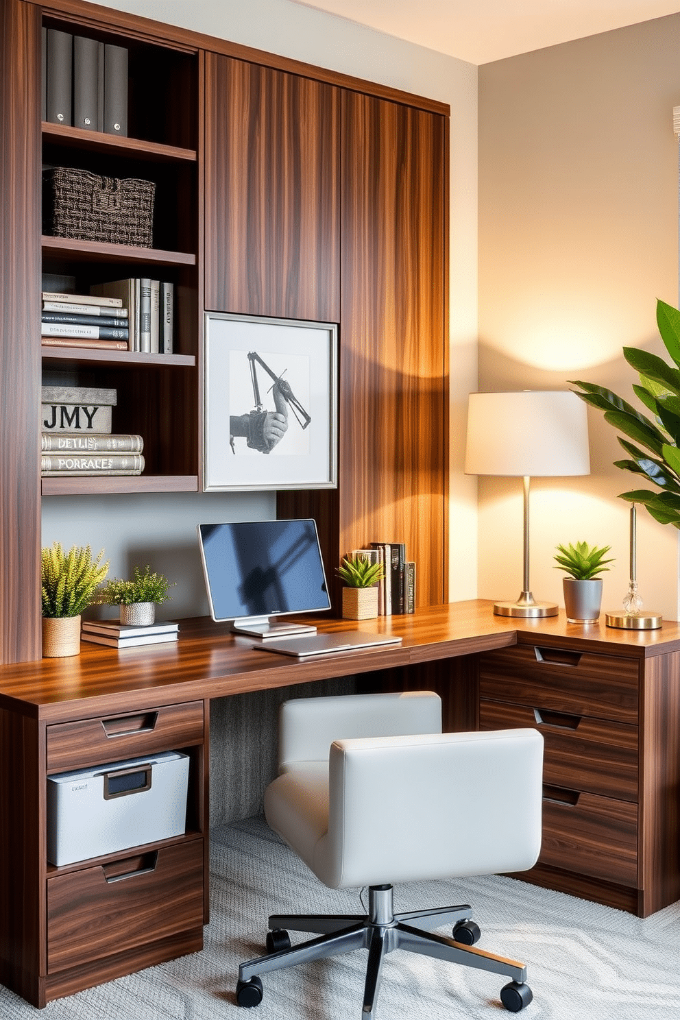 A stylish home office features sleek, modern file cabinets in a rich walnut finish, providing organized storage without compromising on aesthetics. The cabinets are paired with a contemporary desk and ergonomic chair, creating a functional yet inviting workspace. Incorporate decorative elements like framed artwork and a stylish lamp to enhance the ambiance of the office. A neutral color palette with pops of greenery from potted plants adds a refreshing touch to the overall design.