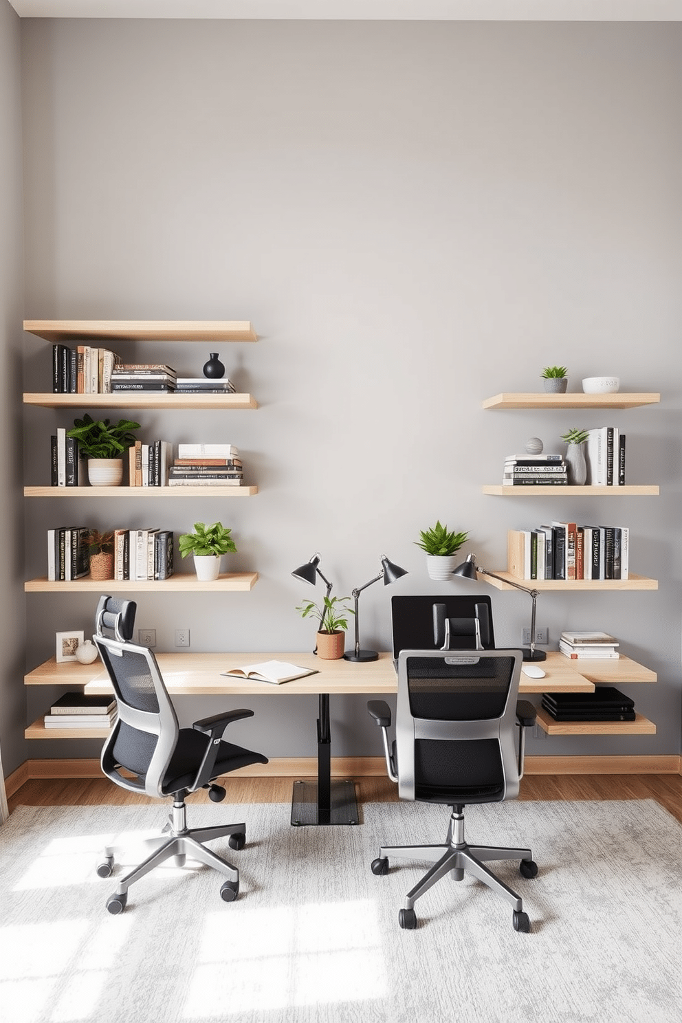 A modern shared home office featuring floating shelves for vertical storage. The walls are painted in a soft gray, creating a calming backdrop for the workspace. The floating shelves are made of light wood, displaying neatly arranged books, plants, and decorative items. A large desk sits in the center, with two ergonomic chairs and stylish desk lamps, fostering a collaborative atmosphere.