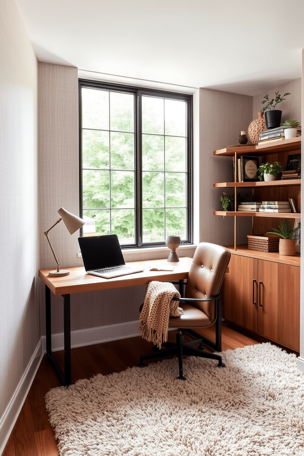 A stylish home office that blends various textures for visual depth. The walls are adorned with a soft linen wallpaper, while a sleek wooden desk with a matte finish contrasts against a plush, shaggy area rug. A large window allows natural light to flood the space, highlighting a comfortable leather chair paired with a knitted throw. Shelves made of reclaimed wood display decorative books and potted plants, adding warmth and personality to the room.