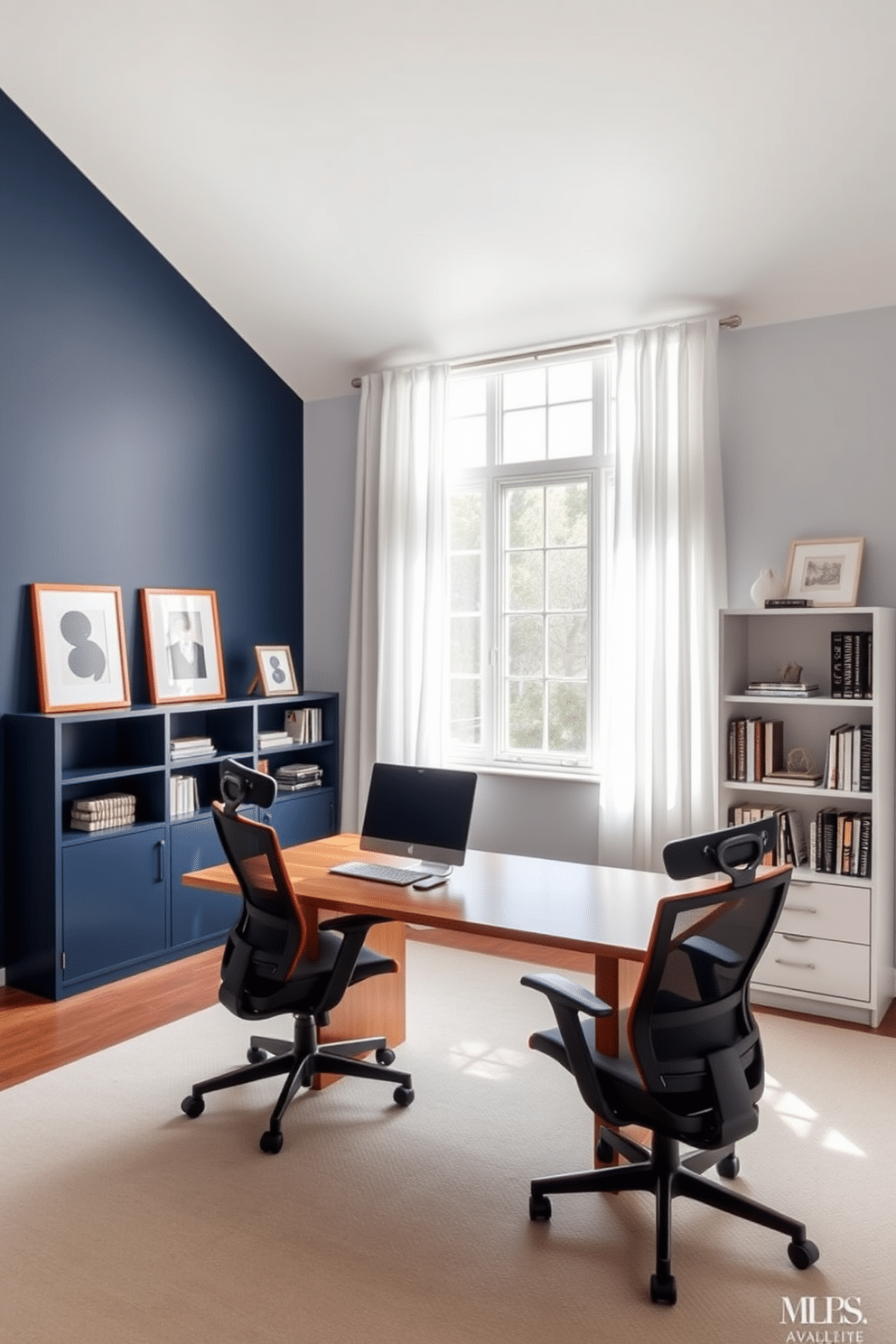 A shared home office features a two-tone color scheme, with one wall painted in a soft navy blue and the adjacent wall in a crisp white, creating a striking contrast. The space is furnished with a large wooden desk that accommodates two ergonomic chairs, ensuring comfort and functionality for both users. Natural light floods the room through a large window, adorned with sheer white curtains that soften the sunlight. A stylish bookshelf, painted in the same navy blue, adds a cohesive touch while providing ample storage for books and decorative items.