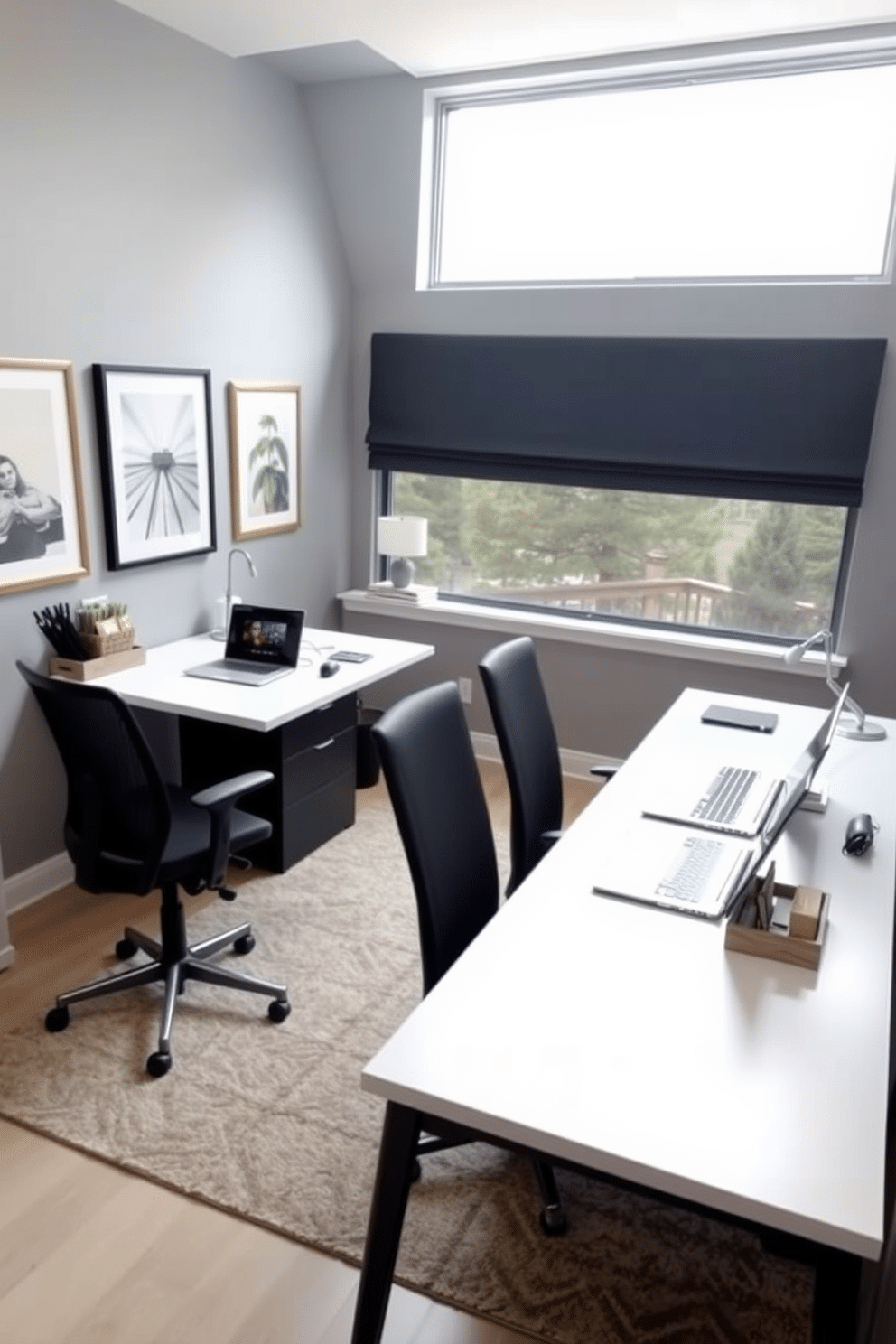 A modern home office featuring two side-by-side desks designed for collaborative work. Each desk is equipped with ergonomic chairs, sleek laptops, and stylish desk organizers, promoting productivity and comfort. The walls are painted in a soft gray tone, accented by framed artwork that inspires creativity. A large window allows natural light to flood the space, complemented by a cozy area rug beneath the desks for added warmth.