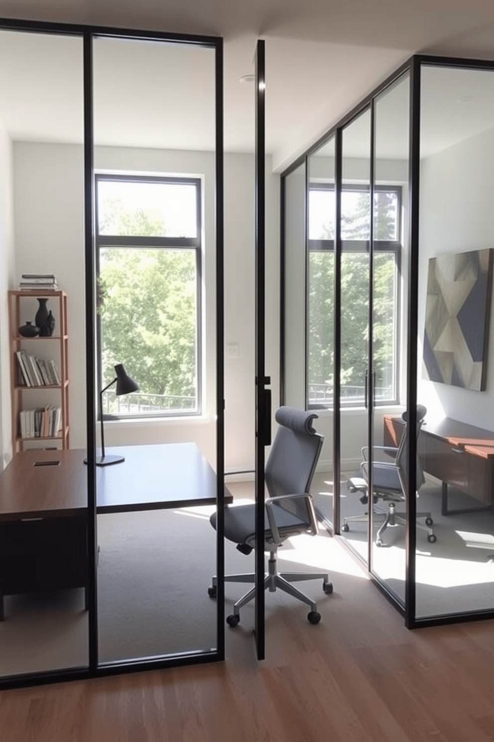 A modern home office featuring glass partitions that create a sense of privacy while maintaining an open feel. The space includes a sleek wooden desk, ergonomic chair, and stylish shelving, all complemented by natural light streaming through the transparent walls.