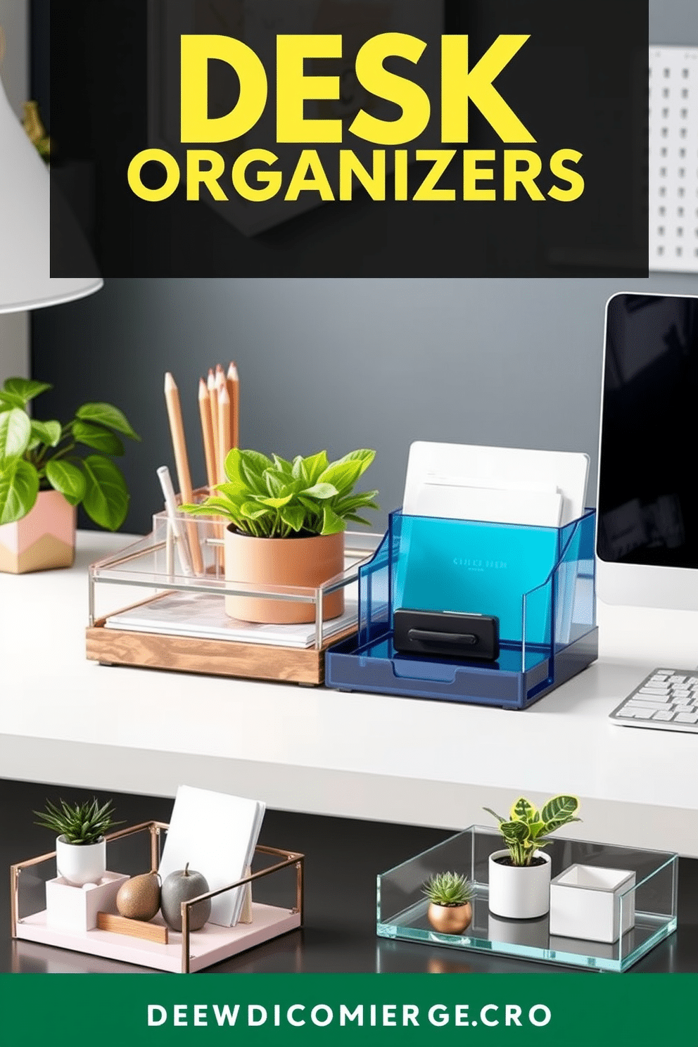 A collection of stylish desk organizers designed to keep surfaces clutter-free. The organizers feature a mix of materials, including sleek metal, natural wood, and vibrant acrylic, providing both functionality and aesthetic appeal. Incorporate a harmonious color palette that complements the overall home office decor. Consider integrating plants and decorative elements that enhance productivity while maintaining a clean and organized workspace.