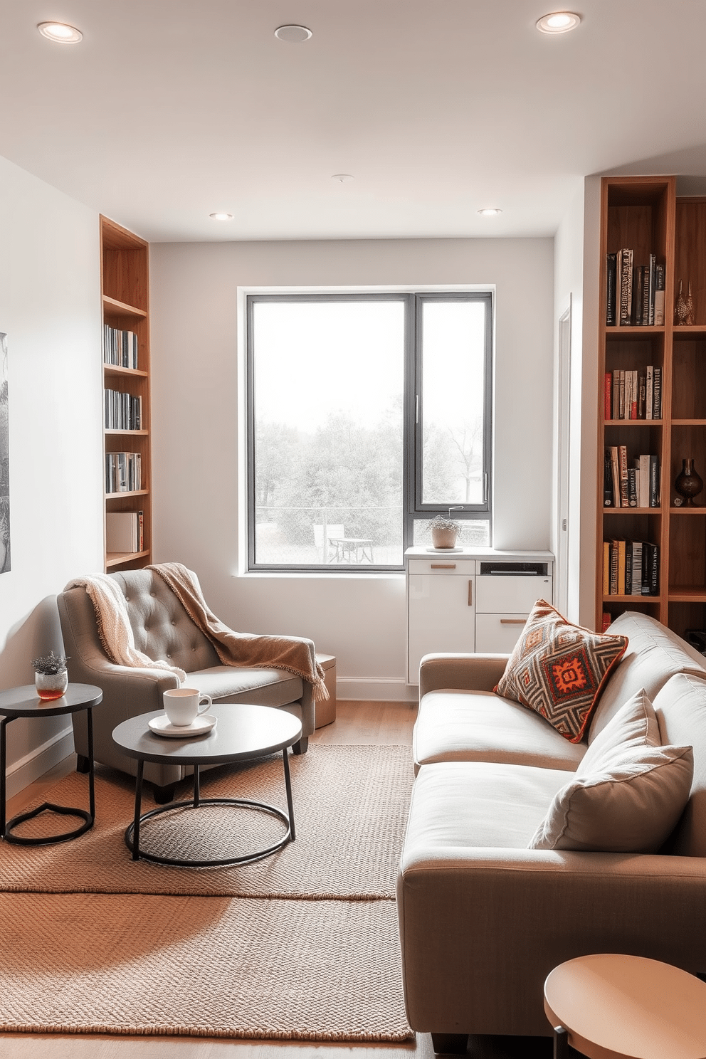 Cozy reading nook with built-in shelves. A plush armchair is positioned near a large window, bathed in natural light, with a small side table holding a steaming cup of tea. The walls are lined with built-in wooden shelves filled with books, and a soft throw blanket drapes over the armchair. A warm, woven rug covers the floor, adding texture and comfort to the space. Simple Basement Design Ideas. The basement features an open layout with light-colored walls and modern recessed lighting, creating an airy feel. A comfortable sectional sofa is arranged around a sleek coffee table, and a small kitchenette with minimalist cabinetry is tucked into one corner for convenience.