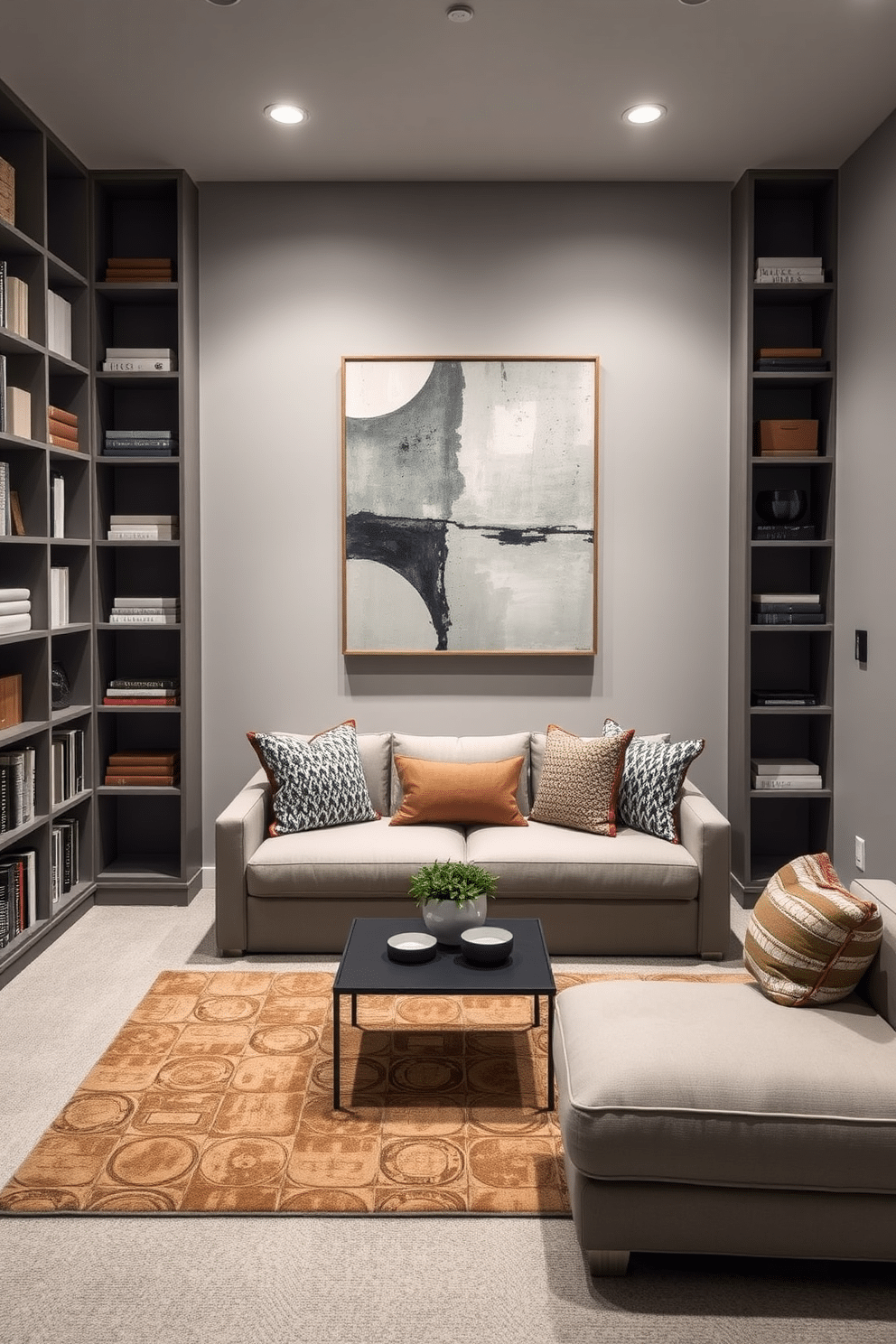 A minimalist basement design that maximizes vertical space with tall storage solutions. The walls are painted in a light gray hue, and sleek, floor-to-ceiling shelving units line one side, filled with neatly organized books and decorative boxes. In the center, a cozy seating area features a low-profile sectional sofa adorned with textured cushions. A large, abstract art piece hangs above a compact coffee table, creating a focal point that draws the eye upward.