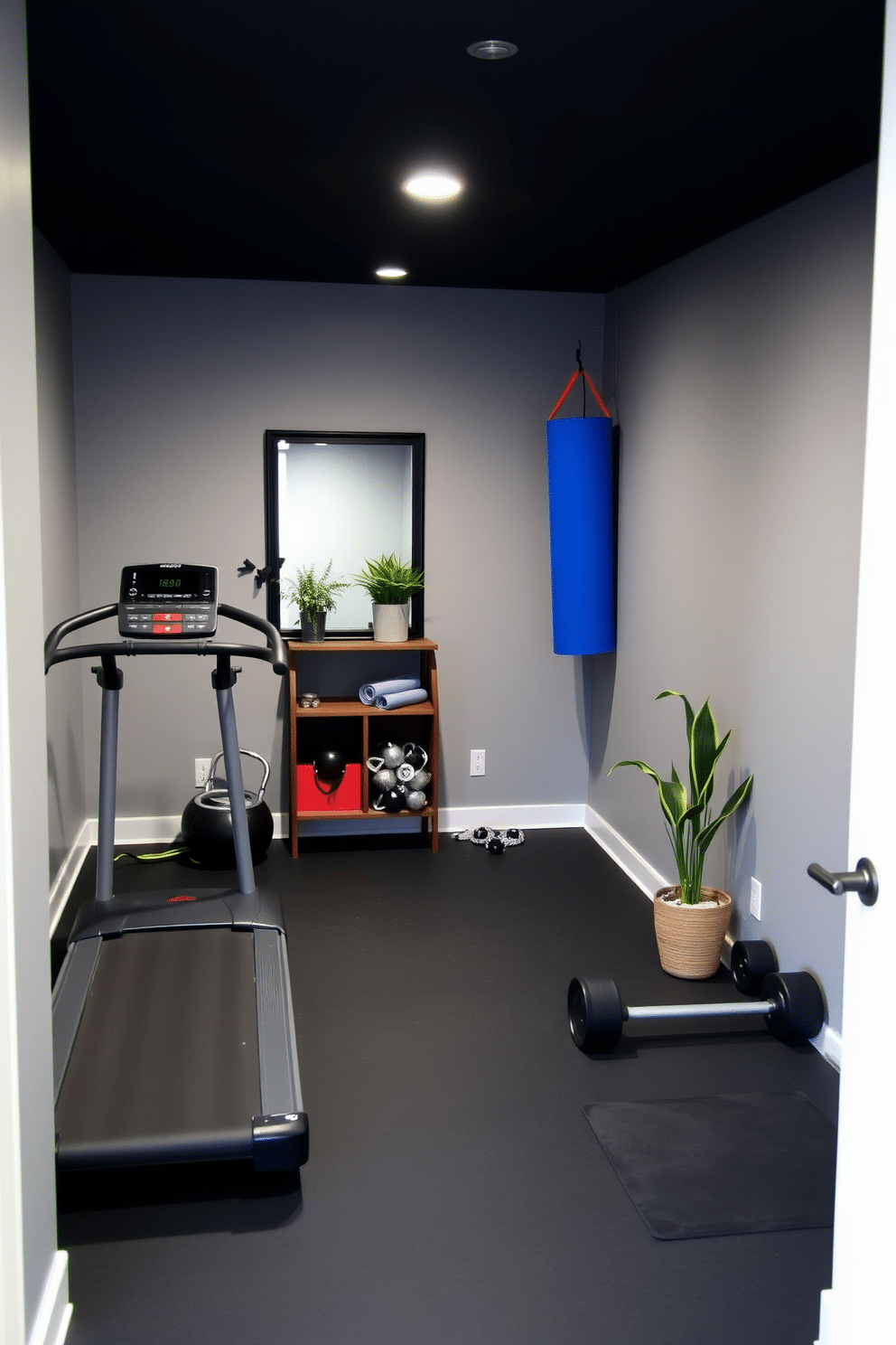 A cozy basement gym area featuring a compact setup with a treadmill and a set of free weights. The walls are painted in a soft gray, and the floor is covered with dark rubber mats for safety and comfort. In one corner, a large mirror reflects the space, enhancing the sense of openness. A small shelf holds yoga mats and resistance bands, while a potted plant adds a touch of greenery to the environment.