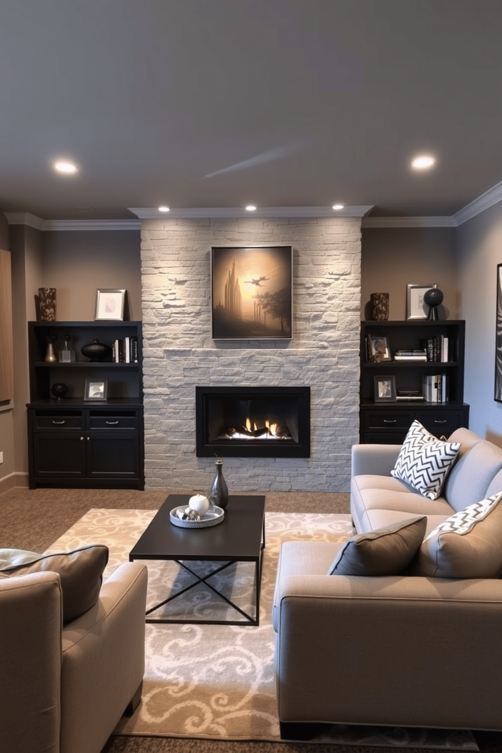 A cozy basement retreat featuring a modern fireplace with a sleek stone surround, providing warmth and ambiance. The space is designed with comfortable seating, including a plush sectional sofa and a stylish coffee table, perfect for relaxation and gatherings. The walls are painted in a soft gray tone, enhancing the inviting atmosphere, while recessed lighting adds a touch of elegance. A large area rug anchors the seating area, and shelves filled with books and decorative items bring personality to the space.