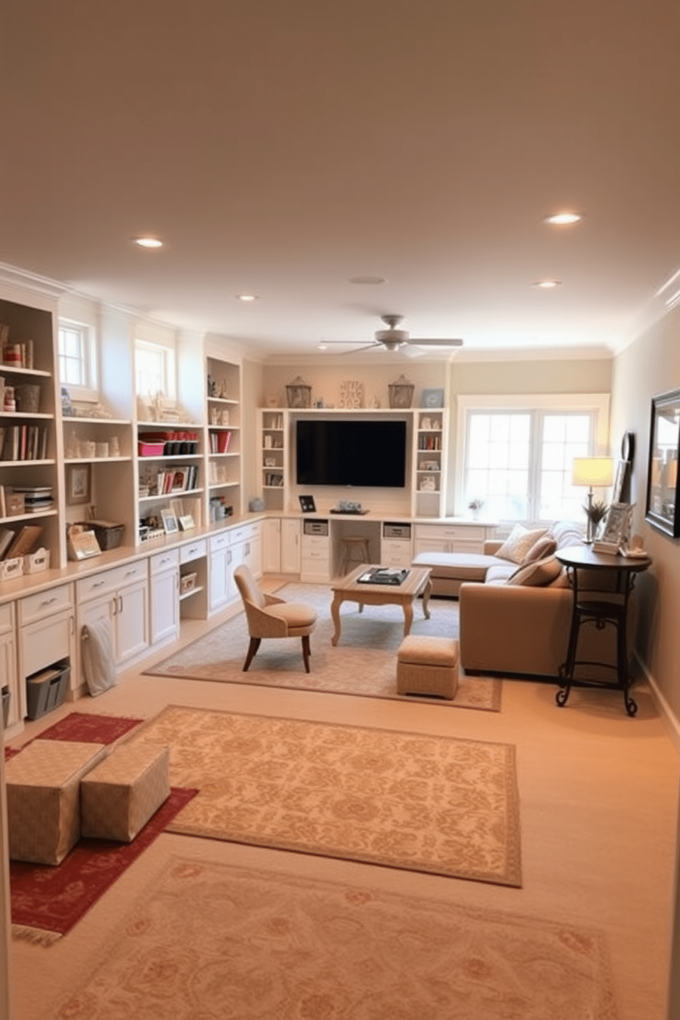 A bright and inviting craft room filled with natural light. The walls are painted in a soft pastel color, and there are built-in shelving units stocked with colorful craft supplies. A large central table provides ample workspace for various projects, surrounded by comfortable chairs. Decorative storage bins and baskets are neatly organized, ensuring everything has its place while adding a touch of charm. A cozy basement retreat designed for relaxation and entertainment. The space features a plush sectional sofa, a coffee table, and a large flat-screen TV mounted on the wall. Warm ambient lighting creates a welcoming atmosphere, while a small bar area with stools provides an ideal spot for gatherings. Soft area rugs add comfort, and framed artwork enhances the personal touch of the space.