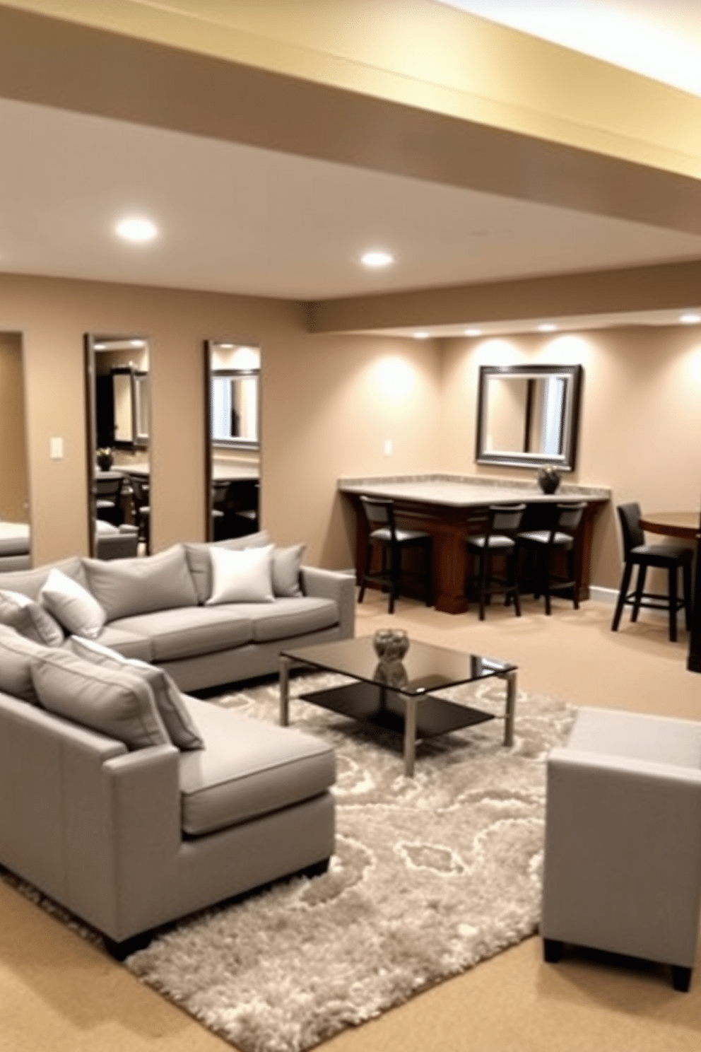 A cozy basement retreat featuring a soft gray sectional sofa positioned around a sleek glass coffee table. The walls are painted a warm beige, and strategically placed mirrors reflect the ambient lighting, creating an inviting atmosphere. In one corner, a small bar area showcases a stylish wooden counter with bar stools, complemented by recessed lighting above. A plush area rug anchors the seating space, adding texture and warmth to the overall design.