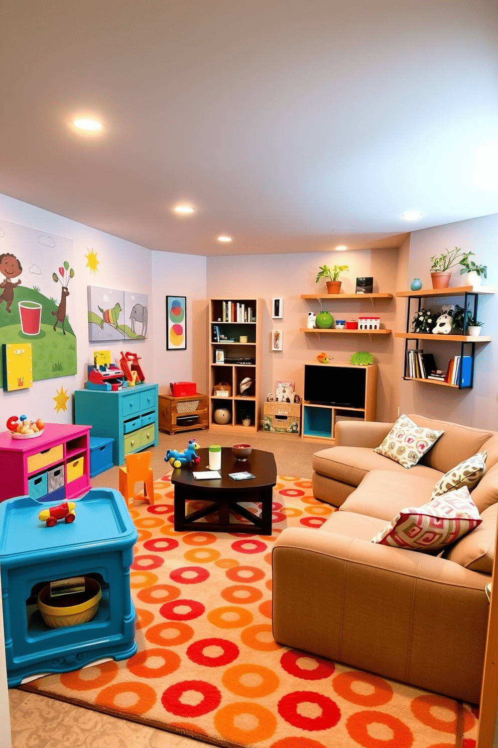 A vibrant playroom filled with colorful furniture and playful decor. The walls are adorned with cheerful murals, and a soft, patterned rug covers the floor, providing a cozy area for play. A simple basement design featuring a cozy lounge area with a sectional sofa and a coffee table. The walls are painted in a light gray hue, complemented by warm lighting and a few decorative shelves displaying books and plants.