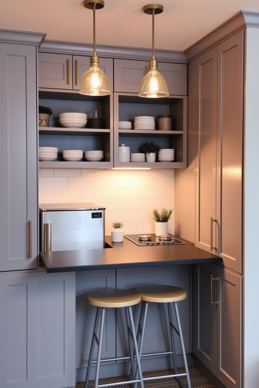 A cozy basement kitchenette designed for functionality and style. It features sleek cabinetry in a soft gray finish, with open shelving displaying decorative dishes and plants. In the corner, a compact refrigerator and a two-burner stove are seamlessly integrated, providing essential cooking capabilities. The space is illuminated by warm pendant lights hanging above a small, inviting breakfast bar with two stools, creating a perfect spot for casual dining.