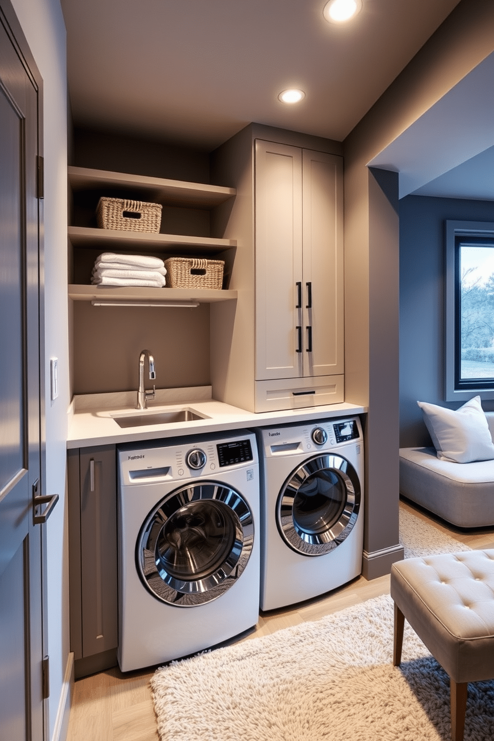 A stylish laundry area is integrated into the basement, featuring sleek cabinetry in a soft gray finish. Open shelving above the countertop displays neatly folded towels and stylish storage baskets for organization. The basement design emphasizes a modern aesthetic with soft lighting and a cozy seating area. A plush area rug anchors the space, while large windows allow natural light to flood in, enhancing the warm atmosphere.