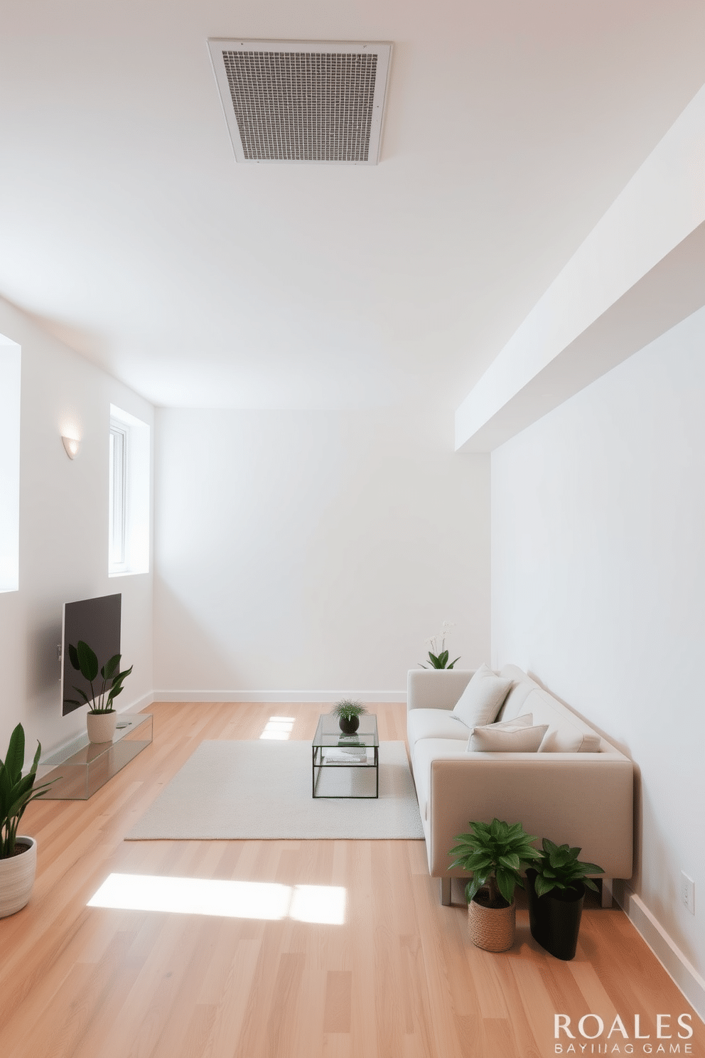 A minimalist basement design featuring light-colored wall paint that enhances the sense of space and brightness. The area is furnished with a sleek, modern sofa and a small coffee table, creating a cozy yet open atmosphere. Natural light filters in through large windows, complemented by soft, ambient lighting fixtures. The flooring is a light hardwood that adds warmth, while a few potted plants introduce a touch of greenery to the overall aesthetic.