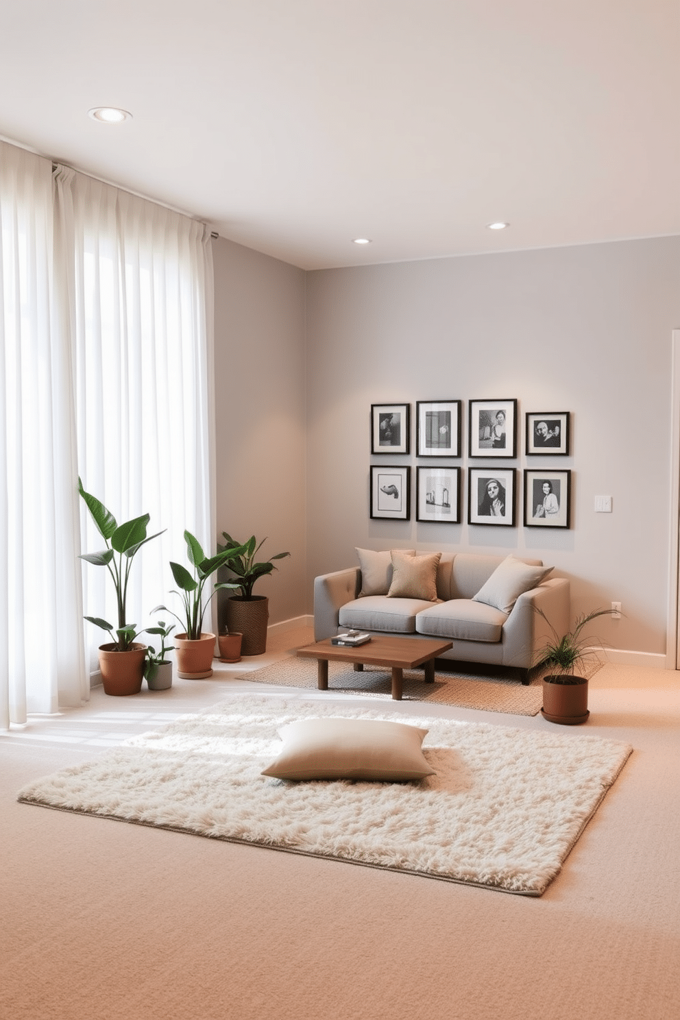 A serene meditation space featuring soft, natural light filtering through sheer curtains. The floor is covered with a plush, neutral-toned rug, and a low meditation cushion sits in the center, surrounded by potted plants for a calming atmosphere. Simple basement design ideas incorporating a cozy lounge area with a sectional sofa and a coffee table. The walls are painted in a light gray, and accent lighting highlights a gallery of framed artwork, creating an inviting ambiance.