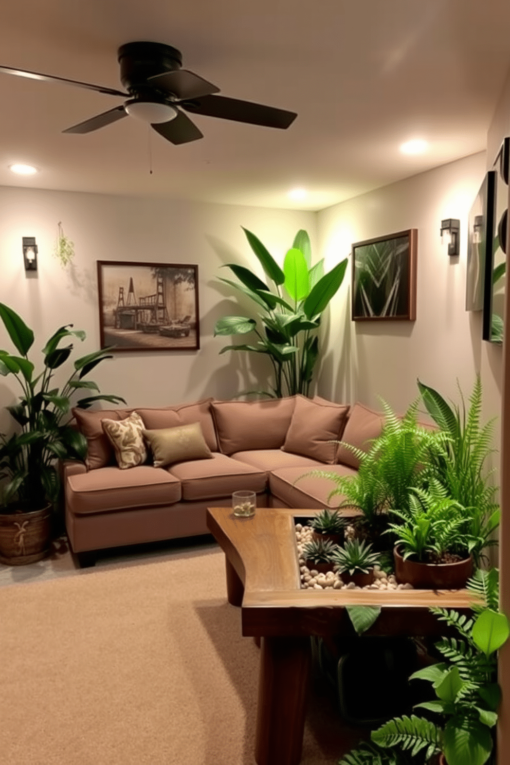 A cozy basement retreat with soft, ambient lighting. Lush green plants are strategically placed around the room, creating a fresh and inviting atmosphere. The space features a comfortable sectional sofa in a neutral tone, paired with a rustic wooden coffee table. A small indoor garden nook with potted ferns and succulents adds a touch of nature to the design.