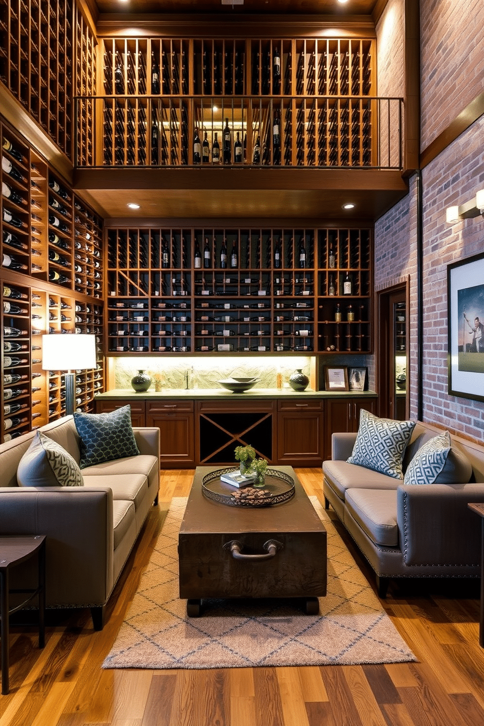 A luxurious wine cellar designed for enthusiasts showcases a climate-controlled environment with wooden racks elegantly displaying an extensive collection of bottles. Soft, ambient lighting highlights the rich mahogany finishes, while a central tasting table invites intimate gatherings. The basement features a cozy lounge area with plush seating and a rustic coffee table, creating a warm and inviting atmosphere. Exposed brick walls complement the hardwood flooring, and strategically placed artwork adds personality to the space.