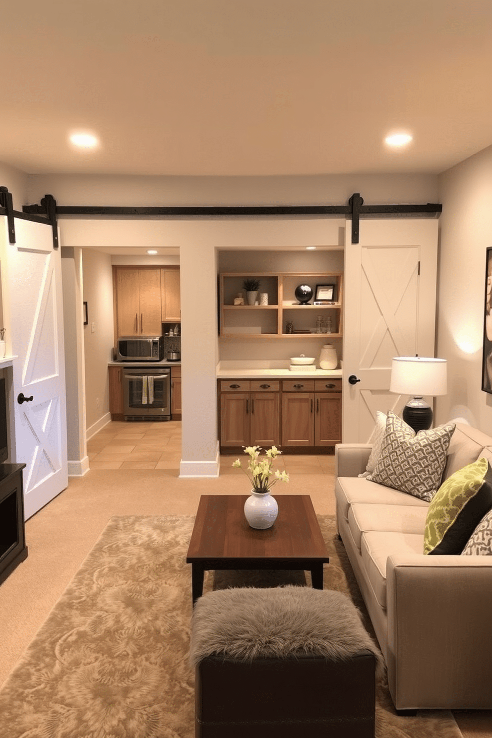 A cozy basement retreat with sliding barn doors adds a touch of charm and rustic elegance. The space features a soft, neutral color palette, with comfortable seating arranged around a stylish coffee table. In one corner, a small kitchenette blends seamlessly with the decor, equipped with modern appliances and open shelving. Ambient lighting enhances the inviting atmosphere, while plush rugs add warmth to the overall design.