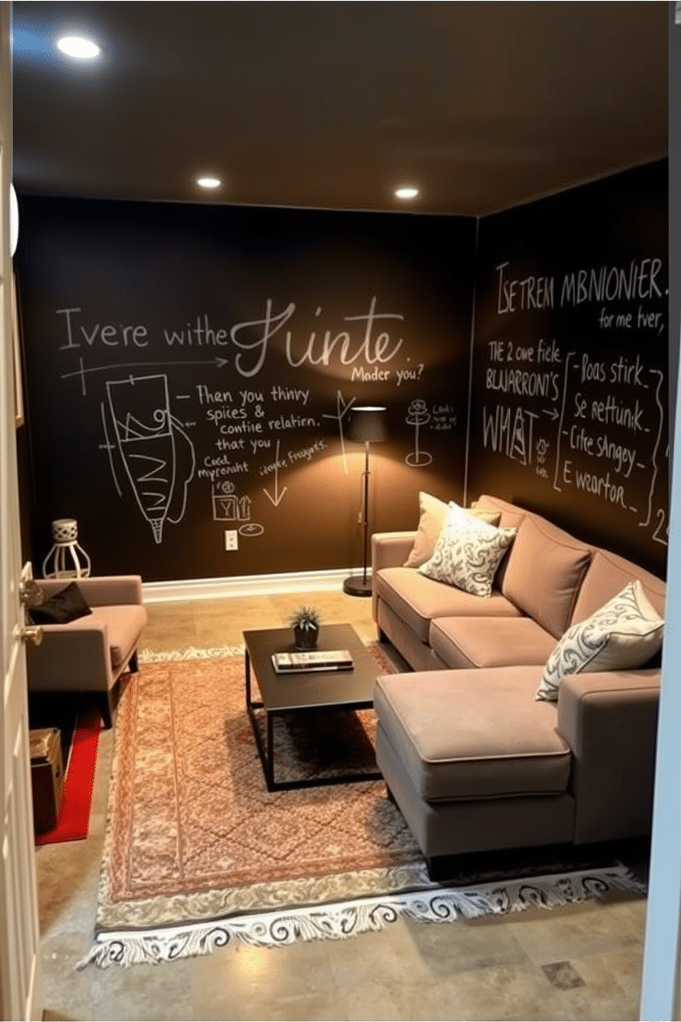 A cozy basement space designed for relaxation and creativity features a chalkboard wall that invites artistic expression. The room is furnished with a plush sectional sofa, a stylish coffee table, and soft ambient lighting to create a warm atmosphere. In one corner, a small reading nook is created with a comfortable armchair and a floor lamp, providing a perfect spot for quiet reflection. The flooring is a mix of soft area rugs and polished concrete, adding texture and warmth to the overall design.