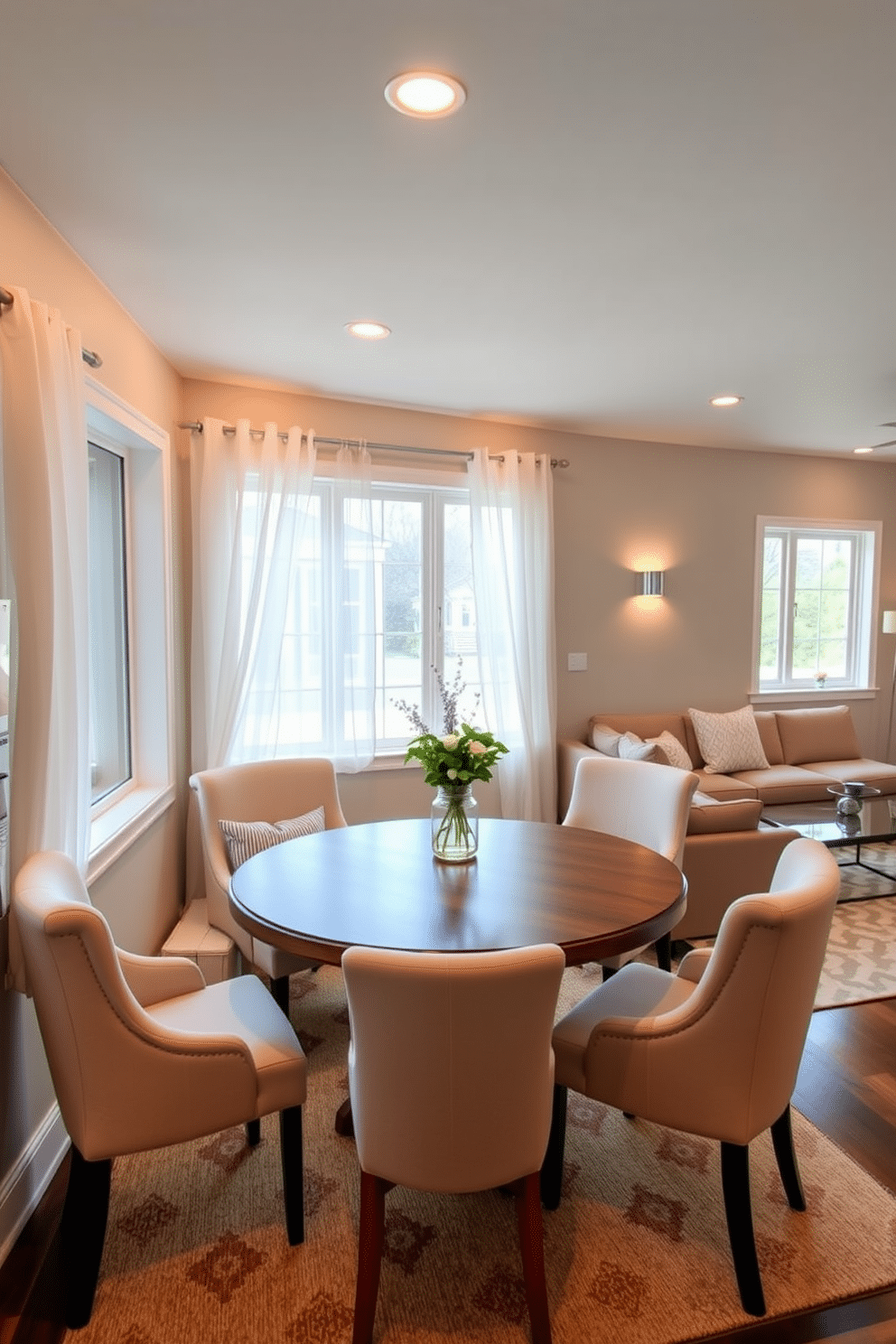 A cozy breakfast nook area featuring a round wooden table surrounded by plush upholstered chairs in soft pastel colors. Large windows allow natural light to flood the space, adorned with sheer white curtains that gently sway in the breeze. Simple basement design ideas that maximize space and functionality, incorporating a comfortable seating area with a sectional sofa and a sleek coffee table. The walls are painted in a light gray tone, complemented by warm accent lighting and a stylish area rug to create an inviting atmosphere.