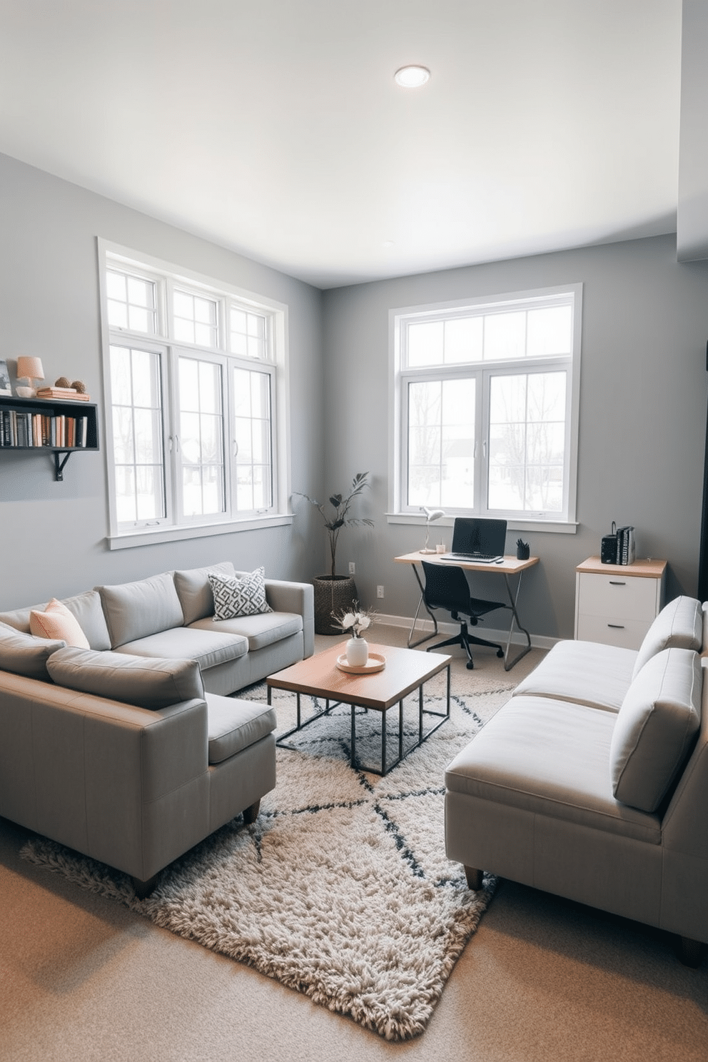 A cozy basement living area features a sleek, modular sofa that can be rearranged to accommodate different gatherings. In the corner, a stylish coffee table doubles as a storage unit, while a foldable desk provides a workspace that can be tucked away when not in use. The walls are painted in a soft gray, creating a warm atmosphere, and large windows allow natural light to flood the space. A plush area rug adds texture, and wall-mounted shelves display books and decorative items, enhancing the room's functionality and aesthetic appeal.