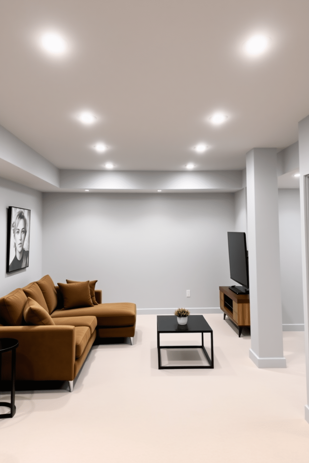 A modern basement design featuring recessed lighting creates a sleek and contemporary atmosphere. The space is open and airy, with soft LED lights embedded in the ceiling, illuminating the area without taking up visual space. Incorporate a cozy seating area with a plush sectional sofa and a minimalist coffee table. The walls are painted in a light gray hue, enhancing the brightness of the recessed lighting while adding a touch of sophistication.