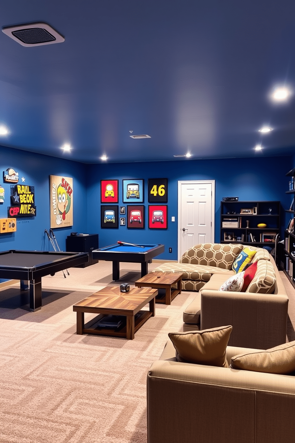 A vibrant game room filled with playful decor awaits. The walls are painted in a bright blue, and colorful artwork featuring retro video games adorns the space. In the center, a large sectional sofa covered in a bold geometric pattern invites relaxation. A sleek pool table sits to one side, while a wall-mounted TV provides entertainment for game nights. For a simple basement design, envision a cozy retreat with neutral tones. Soft lighting from recessed fixtures creates a warm ambiance, highlighting the plush carpet underfoot. A minimalist sectional sofa paired with a rustic coffee table offers a comfortable seating area. Shelves filled with books and games line the walls, adding personality without overwhelming the space.