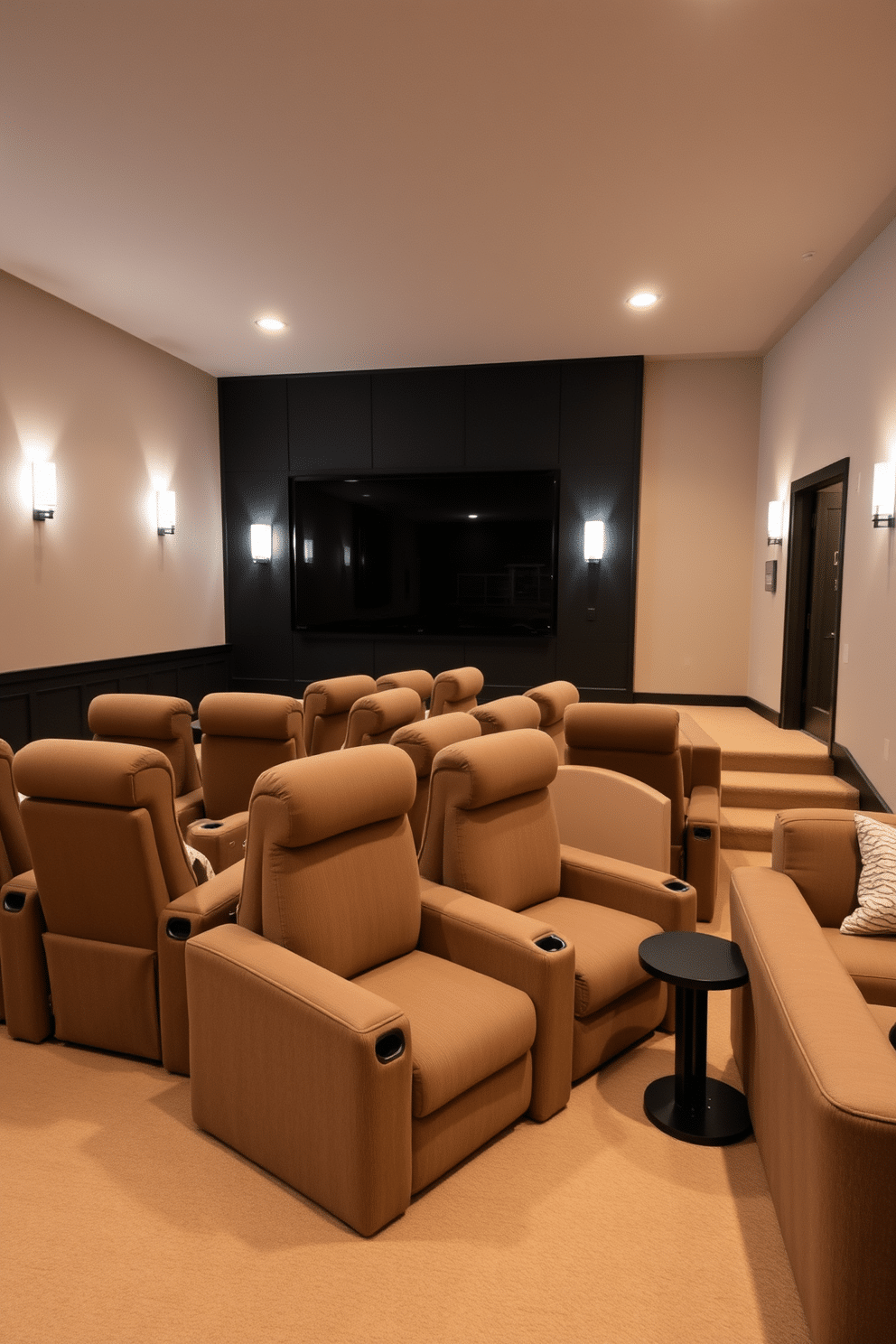 A cozy movie theater setting features plush, oversized recliners arranged in a tiered layout, with a large screen mounted on a dark feature wall. Soft, ambient lighting emanates from sconces and LED strips, creating a warm and inviting atmosphere perfect for movie nights. For a simple basement design, envision a multifunctional space that combines relaxation and entertainment. Light-colored walls and flooring enhance the openness, while comfortable seating and a small kitchenette make it an ideal spot for gatherings.