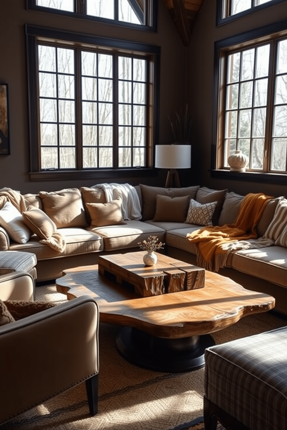 A cozy family room features a plush sectional sofa adorned with soft throw blankets in warm, inviting colors. Natural light pours in through large windows, illuminating a rustic coffee table placed in front of the sectional, surrounded by stylish accent chairs.