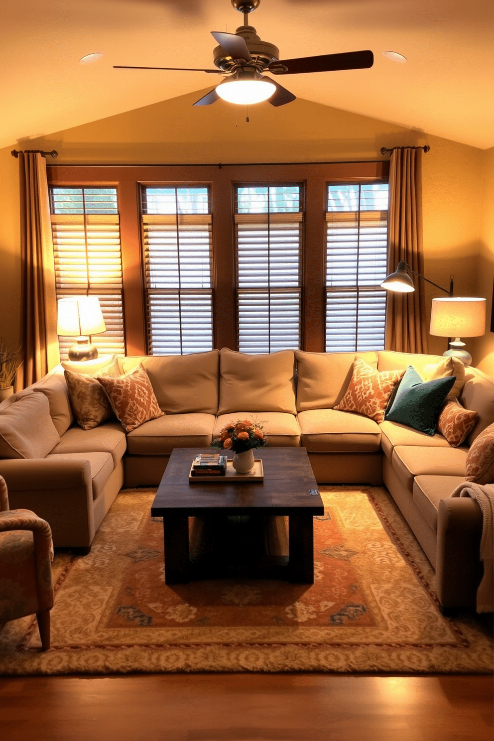 A cozy family room bathed in warm lighting, featuring stylish floor lamps that create an inviting atmosphere. The space includes a plush sectional sofa adorned with colorful throw pillows, a rustic coffee table, and a soft area rug that ties the room together.