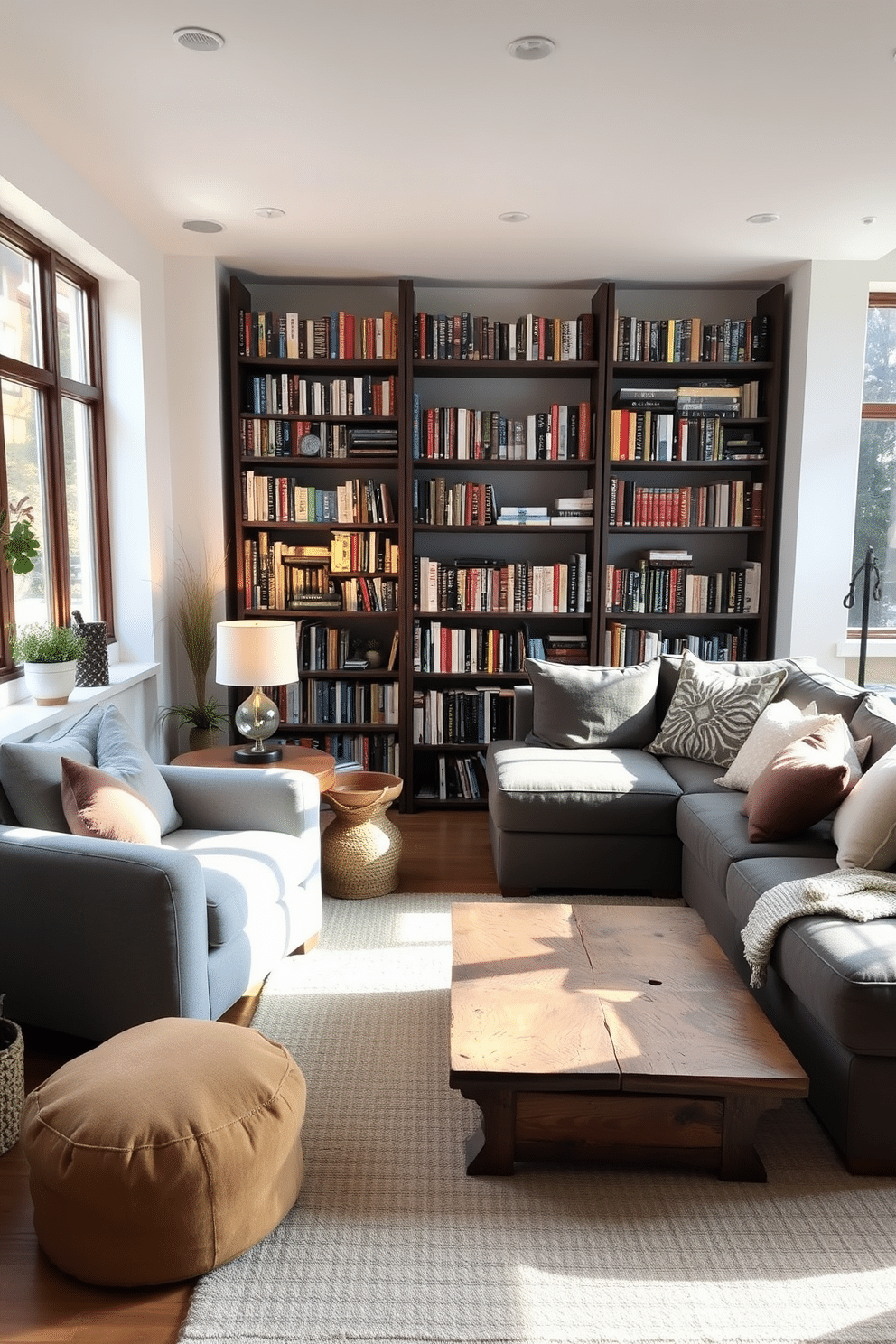 A cozy reading nook featuring a plush armchair upholstered in soft gray fabric, positioned next to a tall bookshelf filled with an array of colorful books. A small side table holds a steaming cup of tea and a decorative lamp, casting a warm glow over the inviting space. A simple family room designed for comfort and functionality, showcasing a large sectional sofa adorned with assorted throw pillows in earthy tones. A rustic coffee table sits at the center, surrounded by a soft area rug, while large windows allow natural light to flood the room, enhancing the relaxed atmosphere.