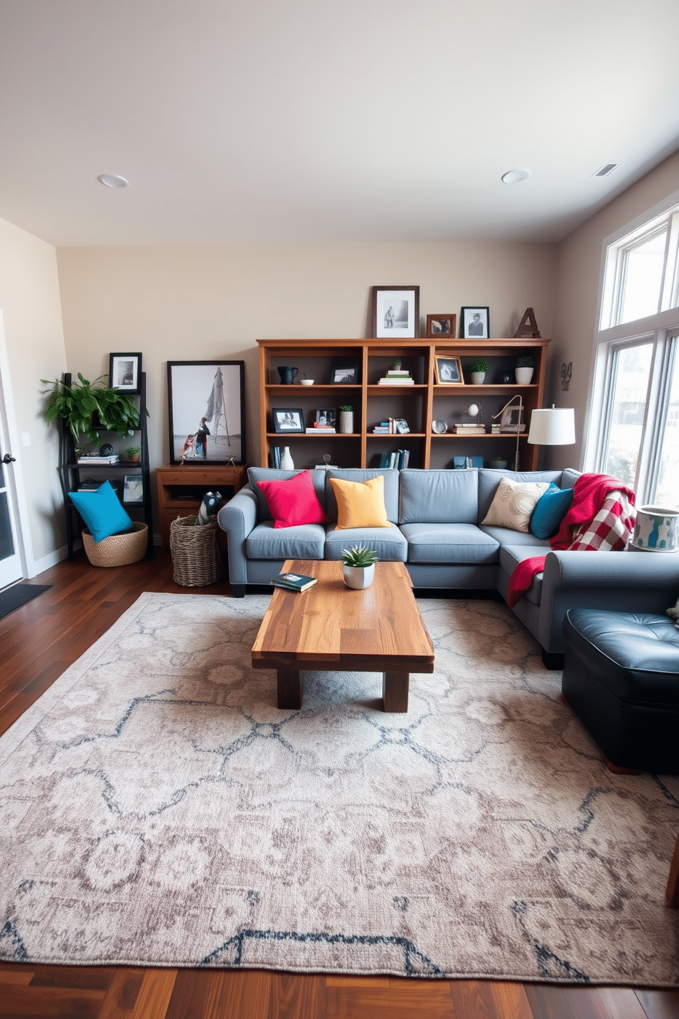 A cozy family room featuring a large area rug that anchors the seating arrangement, creating a warm and inviting atmosphere. The rug is complemented by a sectional sofa in soft gray fabric, adorned with colorful throw pillows for a pop of color. In the corner, a stylish coffee table made of reclaimed wood adds a rustic touch, while a set of bookshelves filled with family photos and decorative items brings personality to the space. Natural light floods in through large windows, enhancing the room's openness and connection to the outdoors.